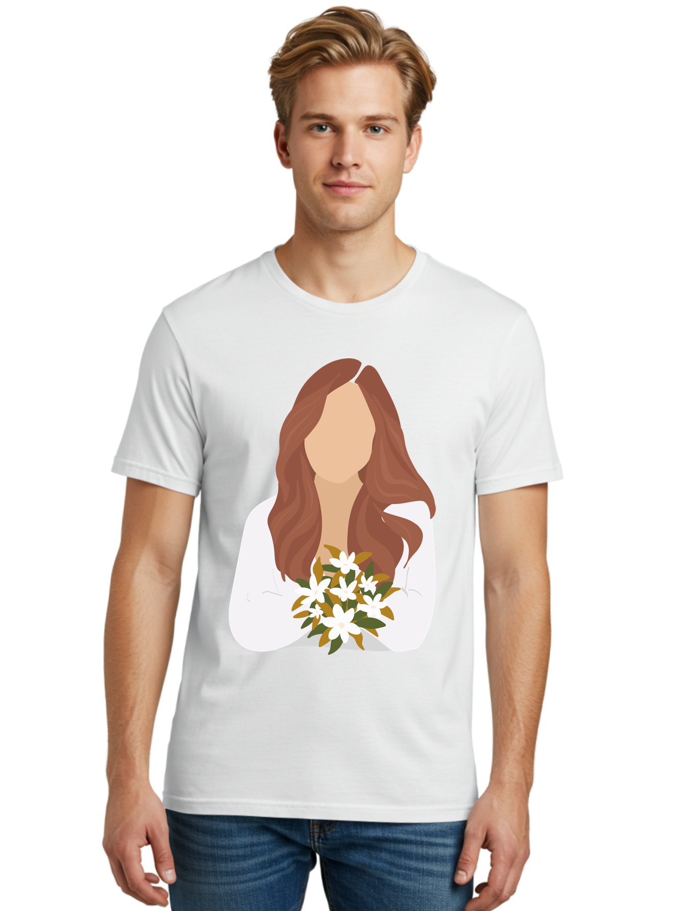 Woman-With-White-Flowers Men'S Graphic Tee, 100% Cotton, Comfortable Casual Summer Wear, Machine Washable, Woman With Long Hair, White Flowers, Bouquet, Elegant Style, Minimalist Design, Faceless Figure, Wavy Locks, Floral Arrangement, Aae083 24