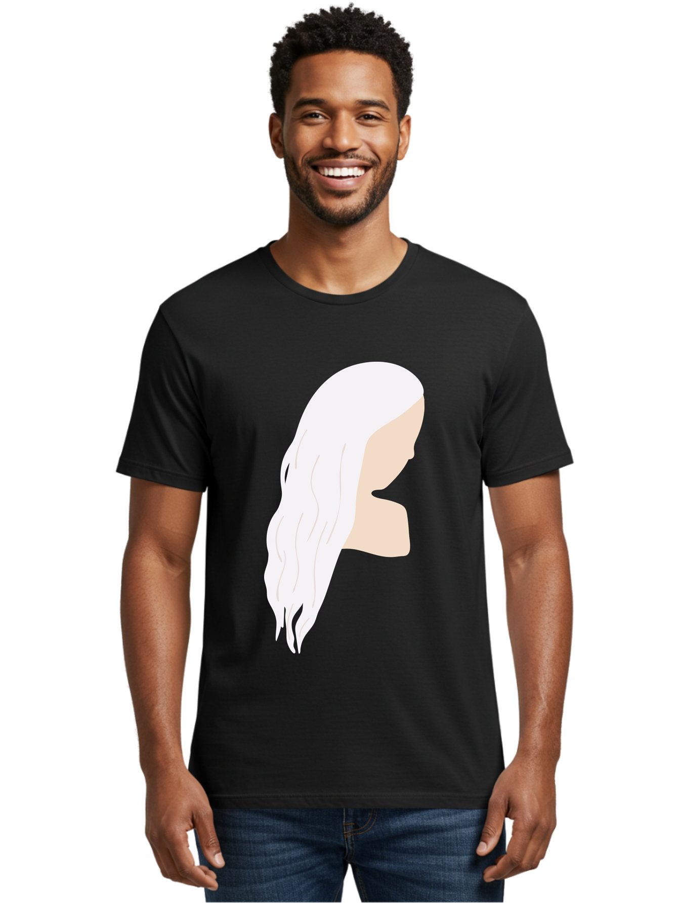 Woman-With-White-Hair Men'S Graphic Tee, 100% Cotton, Comfortable Casual Summer Wear, Machine Washable, Woman With White Hair, Long Hair, Side View, Female Profile, Wavy Hair Texture, Minimalist Design, Simple Illustration, Aae084 23
