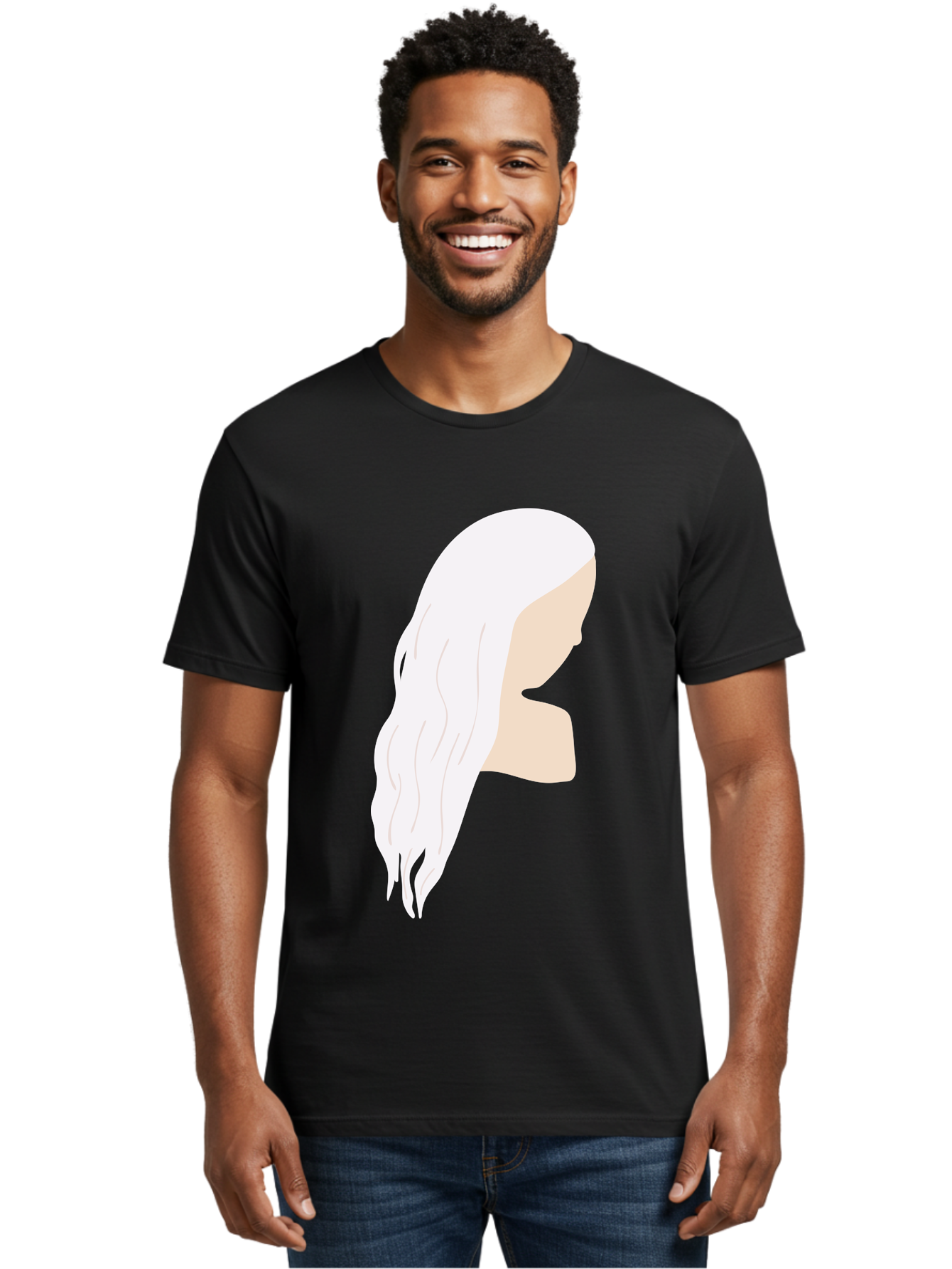 Woman-With-White-Hair Men'S Graphic Tee, 100% Cotton, Comfortable Casual Summer Wear, Machine Washable, Woman With White Hair, Long Hair, Side View, Female Profile, Wavy Hair Texture, Minimalist Design, Simple Illustration, Aae084 16