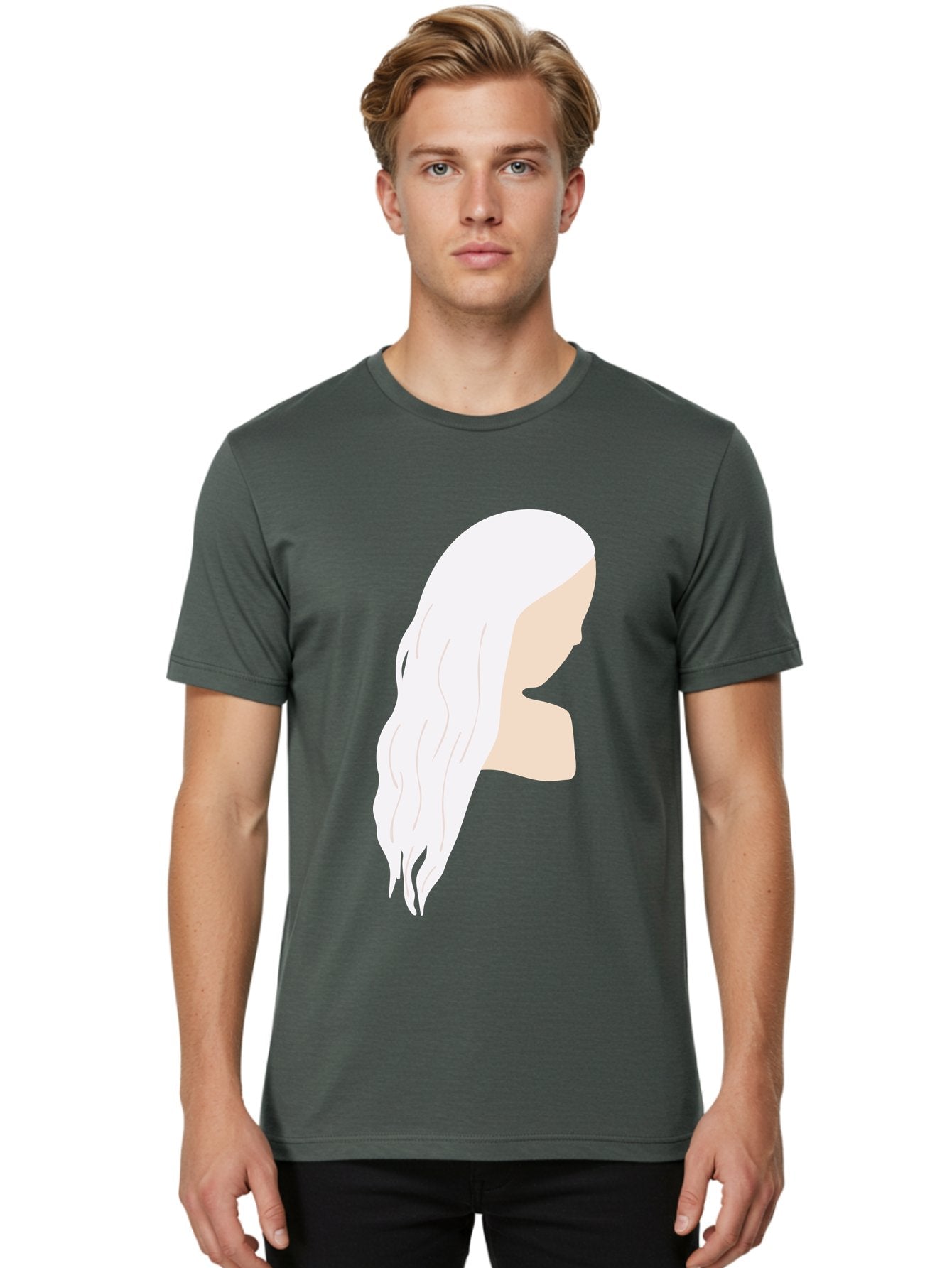 Woman-With-White-Hair Men'S Graphic Tee, 100% Cotton, Comfortable Casual Summer Wear, Machine Washable, Woman With White Hair, Long Hair, Side View, Female Profile, Wavy Hair Texture, Minimalist Design, Simple Illustration, Aae084 20
