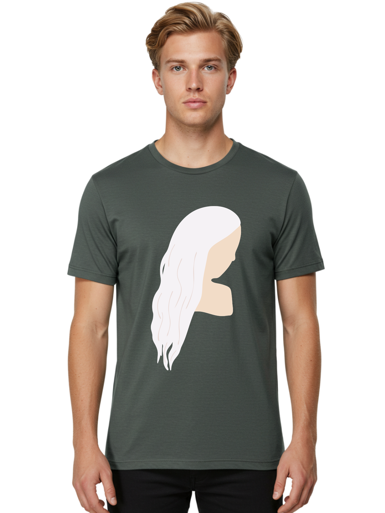Woman-With-White-Hair Men'S Graphic Tee, 100% Cotton, Comfortable Casual Summer Wear, Machine Washable, Woman With White Hair, Long Hair, Side View, Female Profile, Wavy Hair Texture, Minimalist Design, Simple Illustration, Aae084 30