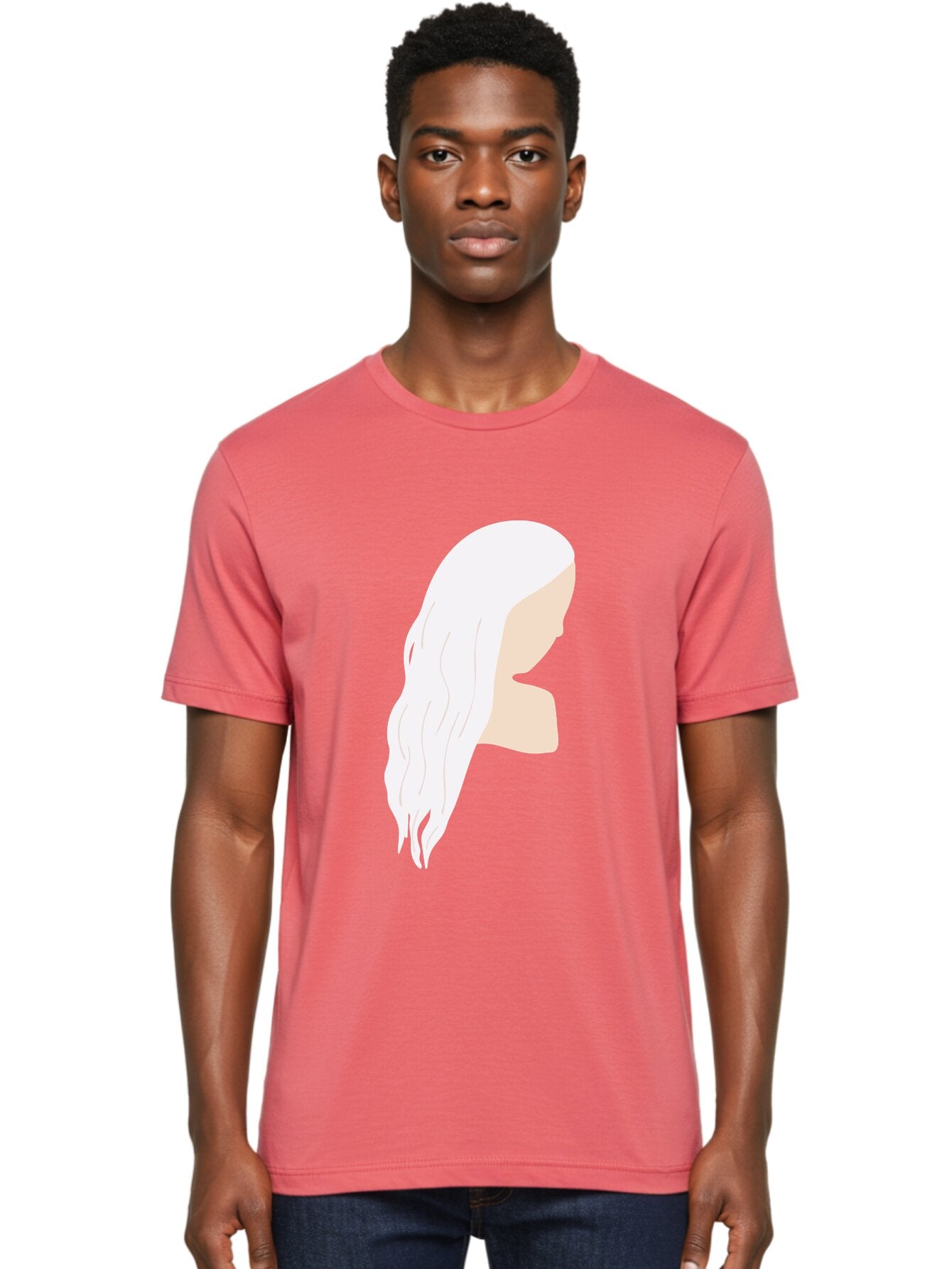 Woman-With-White-Hair Men'S Graphic Tee, 100% Cotton, Comfortable Casual Summer Wear, Machine Washable, Woman With White Hair, Long Hair, Side View, Female Profile, Wavy Hair Texture, Minimalist Design, Simple Illustration, Aae084 28