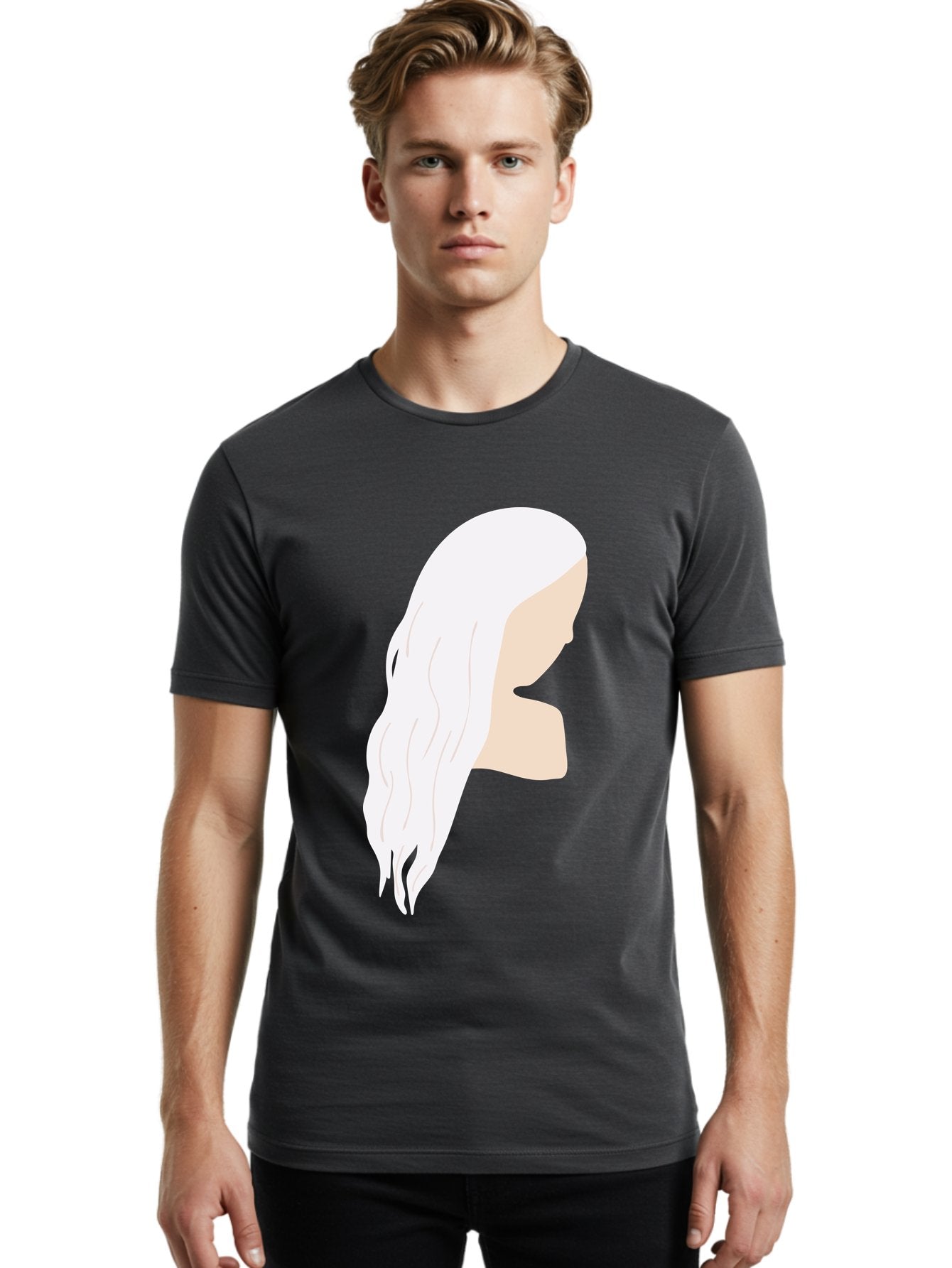 Woman-With-White-Hair Men'S Graphic Tee, 100% Cotton, Comfortable Casual Summer Wear, Machine Washable, Woman With White Hair, Long Hair, Side View, Female Profile, Wavy Hair Texture, Minimalist Design, Simple Illustration, Aae084 18