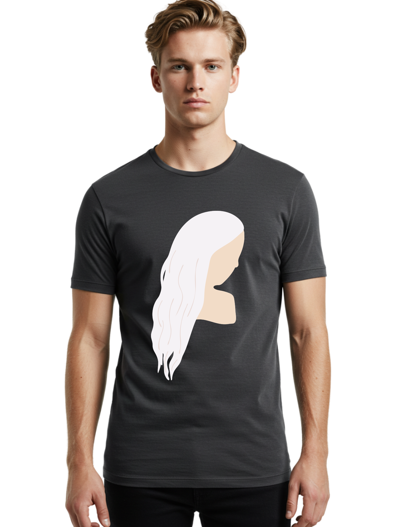 Woman-With-White-Hair Men'S Graphic Tee, 100% Cotton, Comfortable Casual Summer Wear, Machine Washable, Woman With White Hair, Long Hair, Side View, Female Profile, Wavy Hair Texture, Minimalist Design, Simple Illustration, Aae084 24