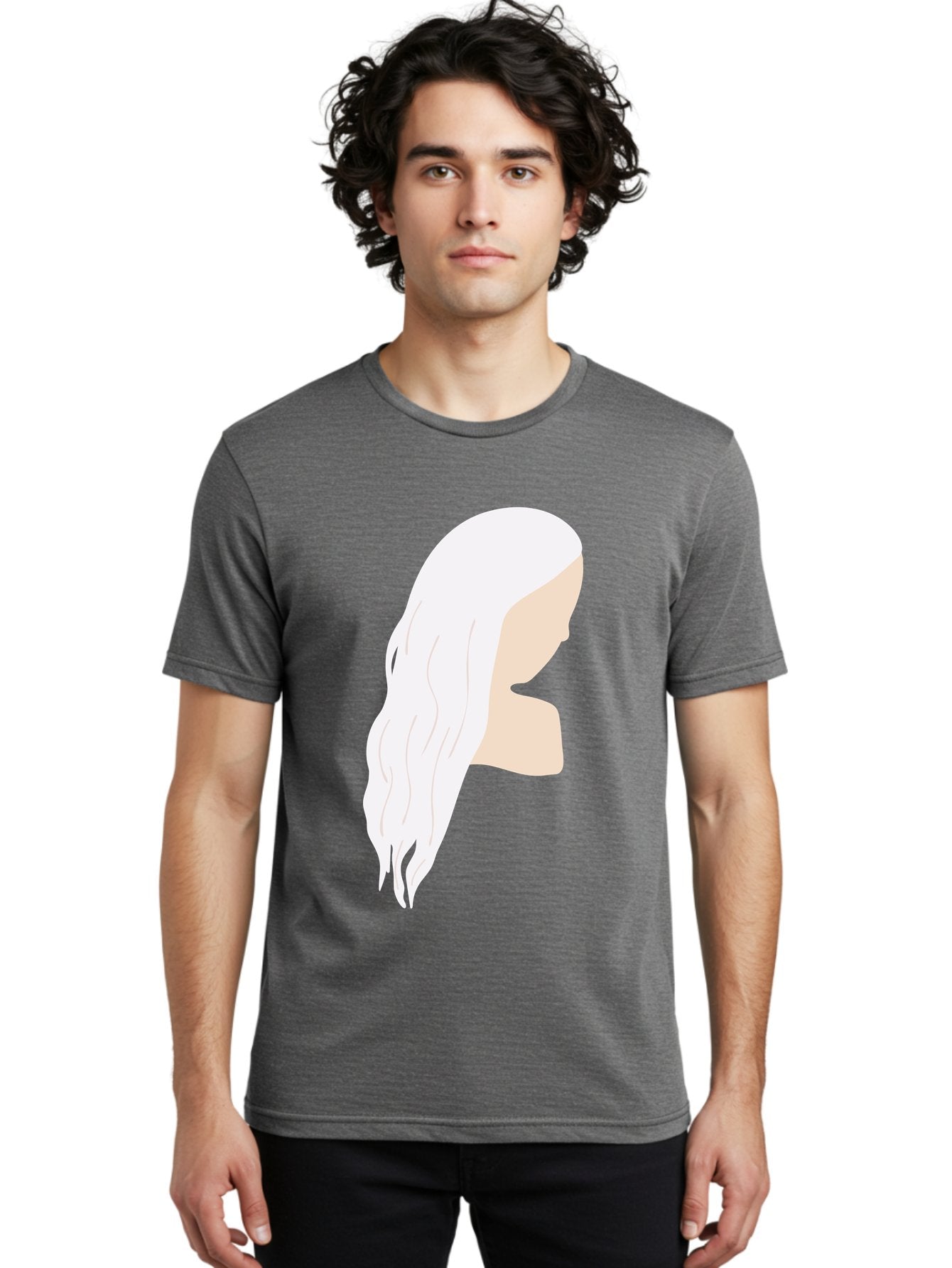 Woman-With-White-Hair Men'S Graphic Tee, 100% Cotton, Comfortable Casual Summer Wear, Machine Washable, Woman With White Hair, Long Hair, Side View, Female Profile, Wavy Hair Texture, Minimalist Design, Simple Illustration, Aae084 30