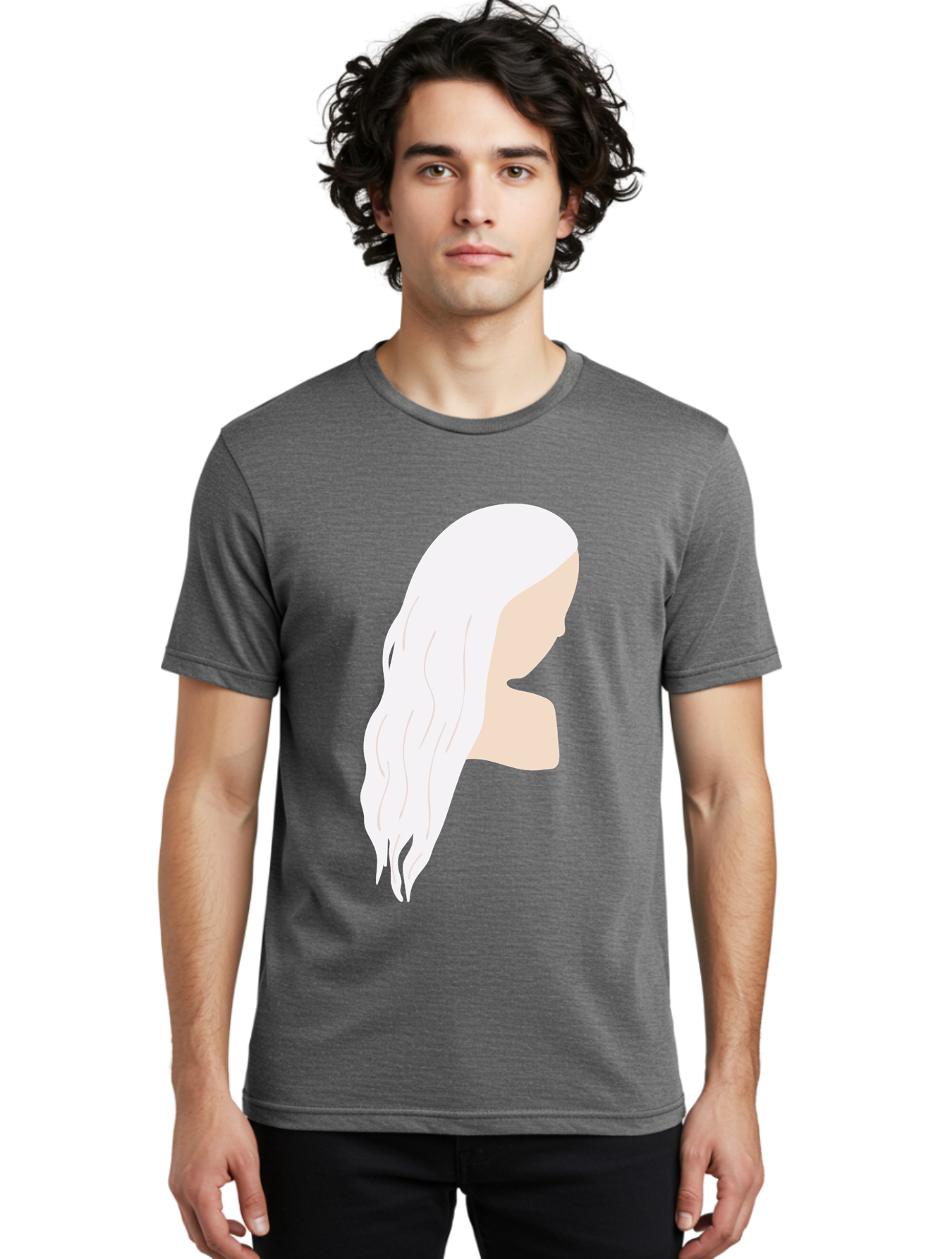 Woman-With-White-Hair Men'S Graphic Tee, 100% Cotton, Comfortable Casual Summer Wear, Machine Washable, Woman With White Hair, Long Hair, Side View, Female Profile, Wavy Hair Texture, Minimalist Design, Simple Illustration, Aae084