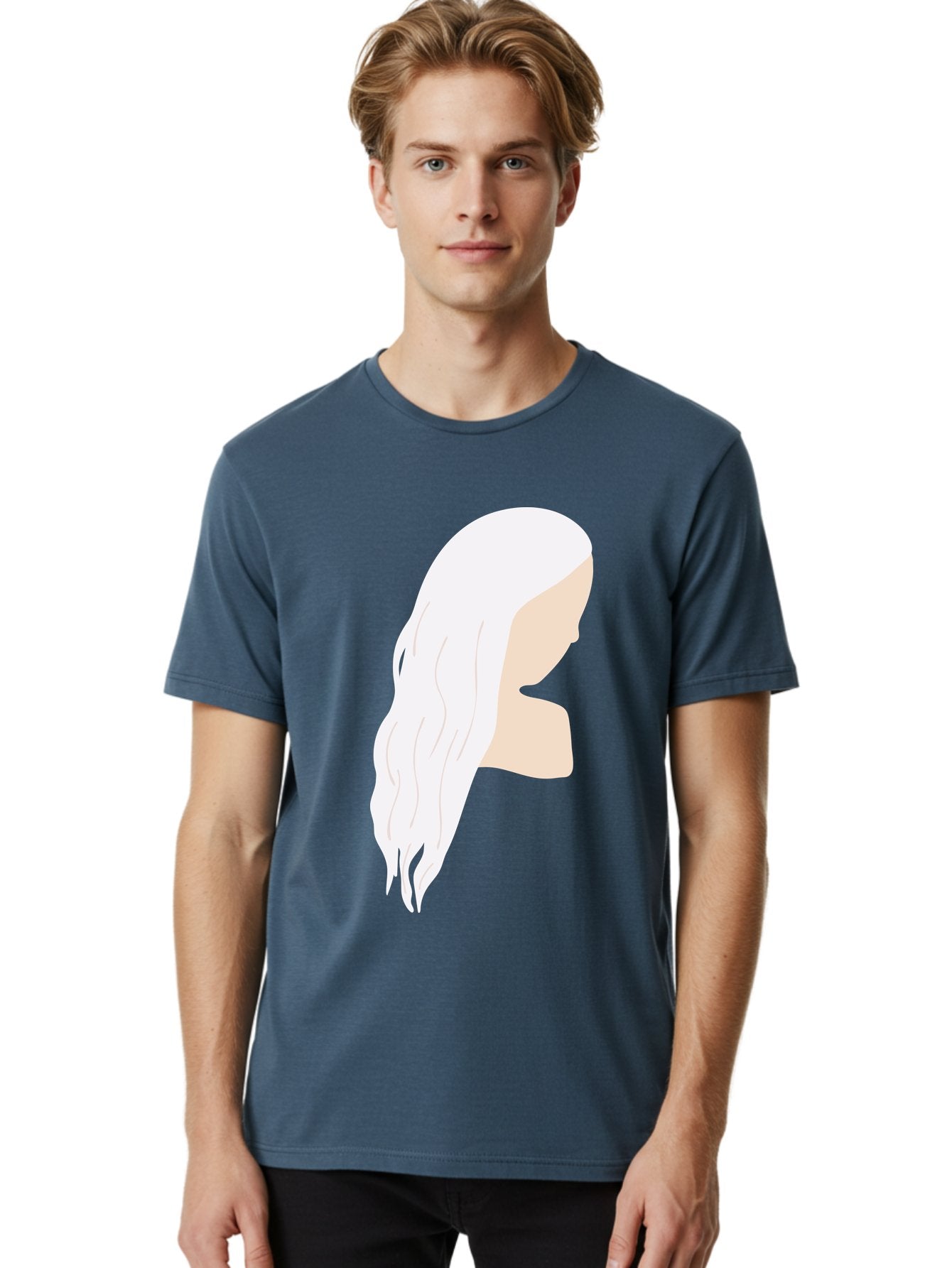 Woman-With-White-Hair Men'S Graphic Tee, 100% Cotton, Comfortable Casual Summer Wear, Machine Washable, Woman With White Hair, Long Hair, Side View, Female Profile, Wavy Hair Texture, Minimalist Design, Simple Illustration, Aae084 17