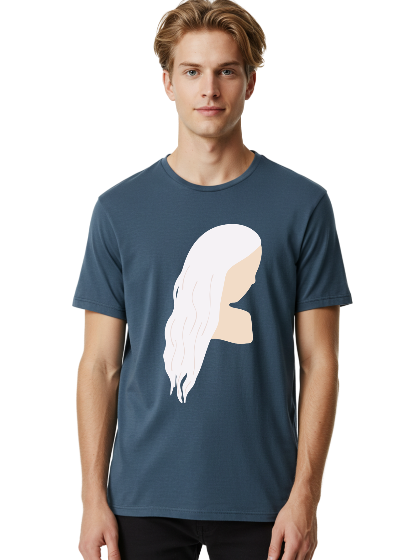 Woman-With-White-Hair Men'S Graphic Tee, 100% Cotton, Comfortable Casual Summer Wear, Machine Washable, Woman With White Hair, Long Hair, Side View, Female Profile, Wavy Hair Texture, Minimalist Design, Simple Illustration, Aae084 28