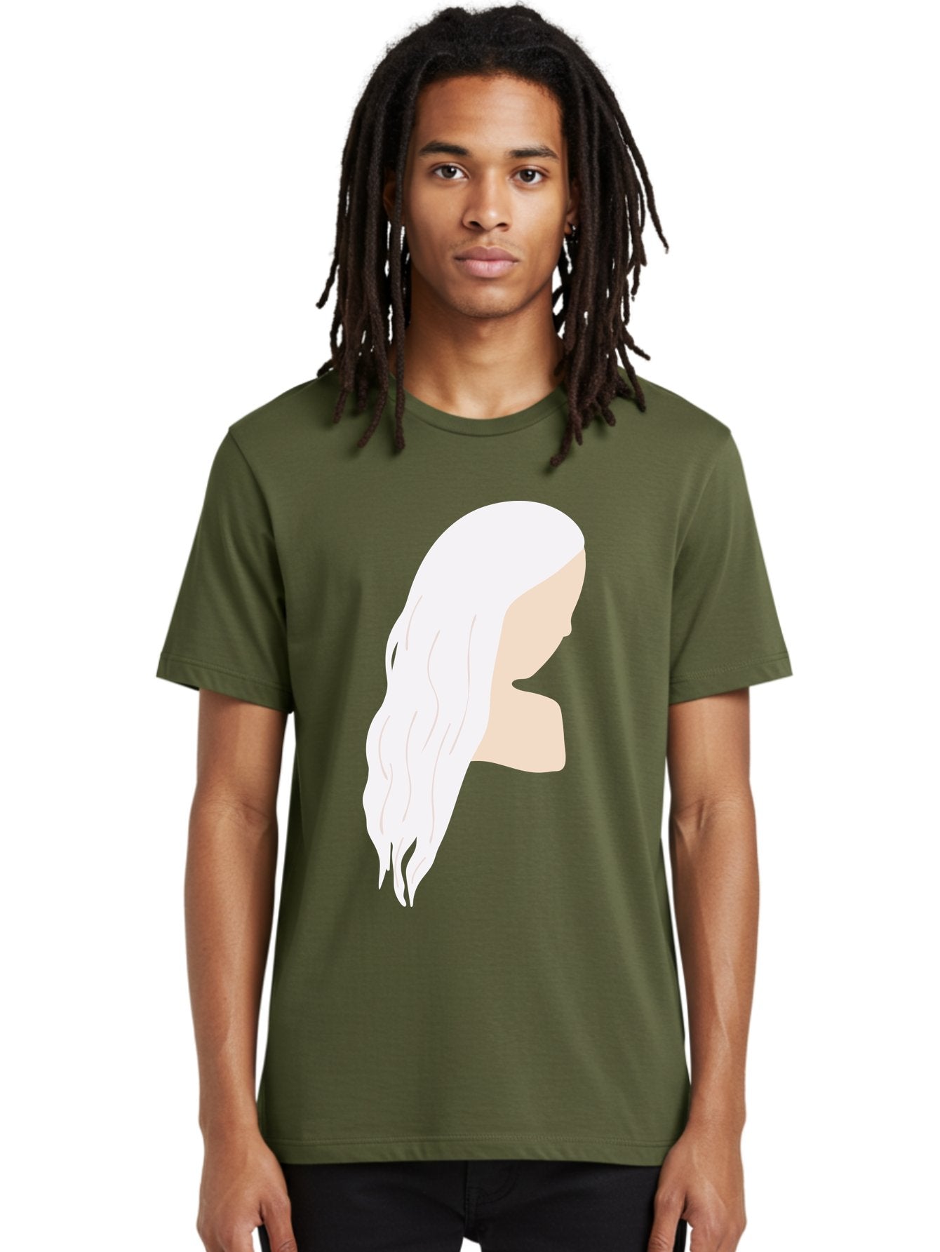 Woman-With-White-Hair Men'S Graphic Tee, 100% Cotton, Comfortable Casual Summer Wear, Machine Washable, Woman With White Hair, Long Hair, Side View, Female Profile, Wavy Hair Texture, Minimalist Design, Simple Illustration, Aae084 26