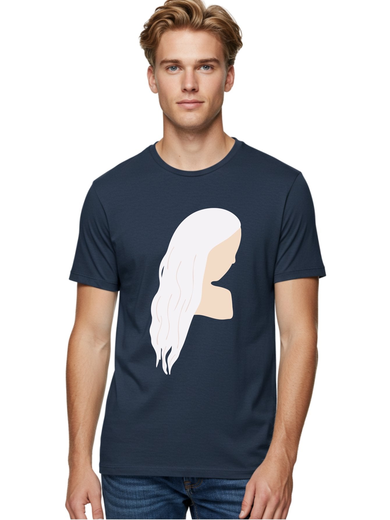 Woman-With-White-Hair Men'S Graphic Tee, 100% Cotton, Comfortable Casual Summer Wear, Machine Washable, Woman With White Hair, Long Hair, Side View, Female Profile, Wavy Hair Texture, Minimalist Design, Simple Illustration, Aae084 22