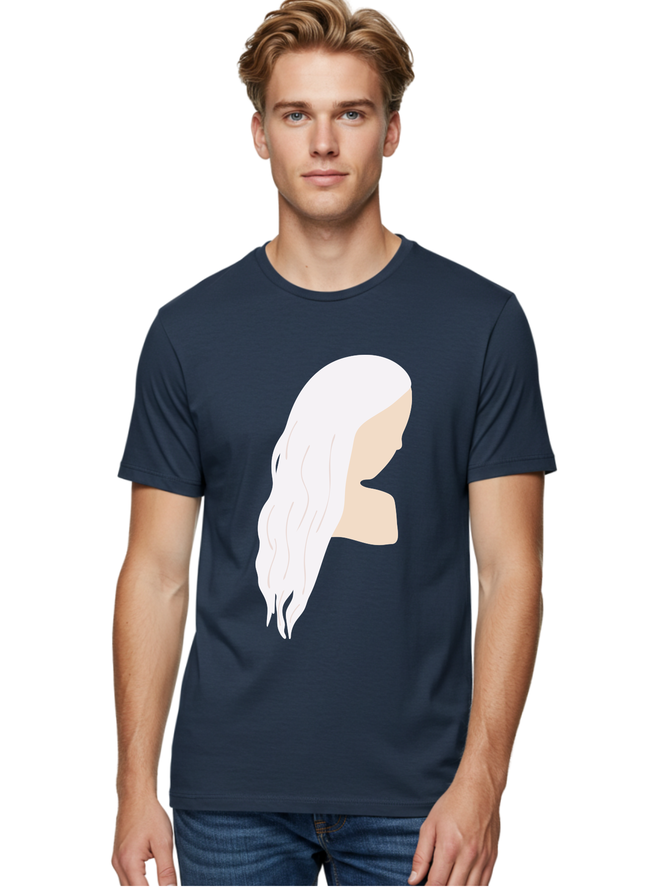 Woman-With-White-Hair Men'S Graphic Tee, 100% Cotton, Comfortable Casual Summer Wear, Machine Washable, Woman With White Hair, Long Hair, Side View, Female Profile, Wavy Hair Texture, Minimalist Design, Simple Illustration, Aae084 18