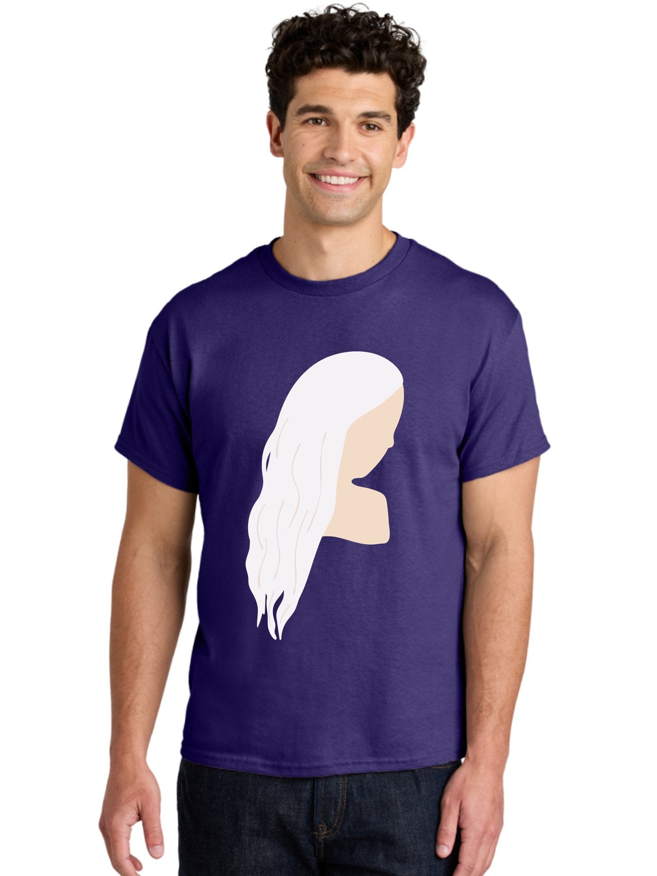 Woman-With-White-Hair Men'S Graphic Tee, 100% Cotton, Comfortable Casual Summer Wear, Machine Washable, Woman With White Hair, Long Hair, Side View, Female Profile, Wavy Hair Texture, Minimalist Design, Simple Illustration, Aae084 19