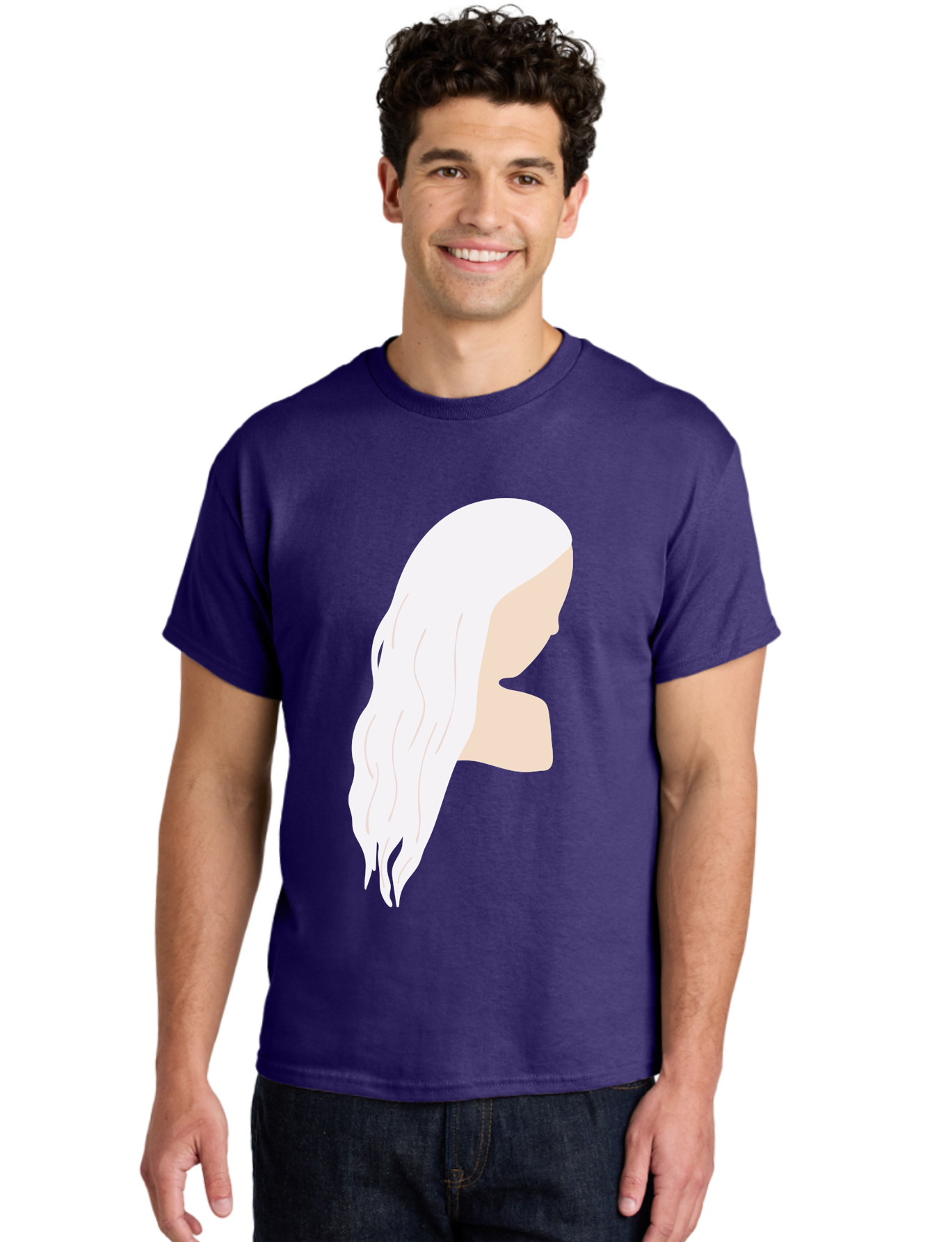 Woman-With-White-Hair Men'S Graphic Tee, 100% Cotton, Comfortable Casual Summer Wear, Machine Washable, Woman With White Hair, Long Hair, Side View, Female Profile, Wavy Hair Texture, Minimalist Design, Simple Illustration, Aae084 22