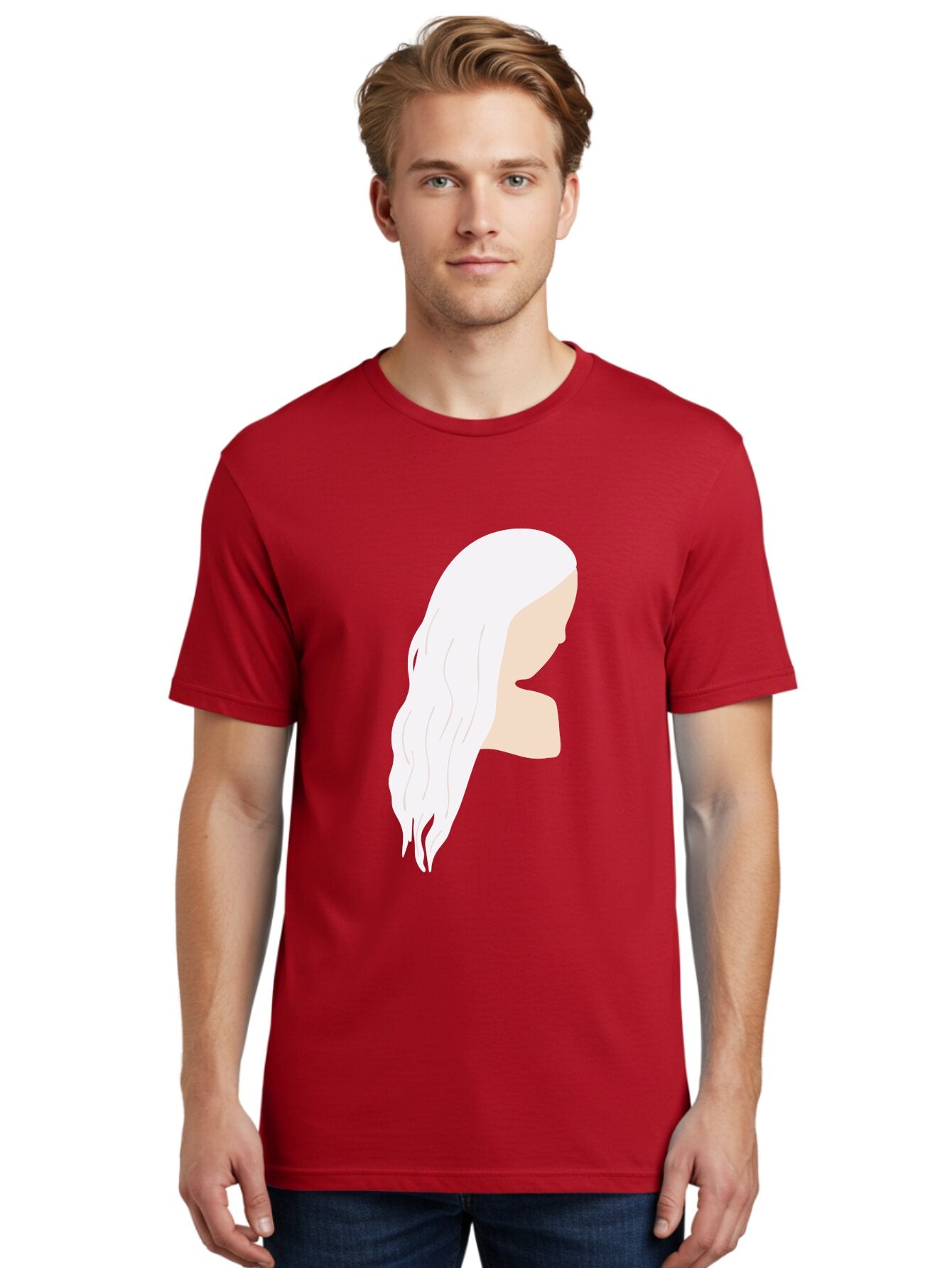 Woman-With-White-Hair Men'S Graphic Tee, 100% Cotton, Comfortable Casual Summer Wear, Machine Washable, Woman With White Hair, Long Hair, Side View, Female Profile, Wavy Hair Texture, Minimalist Design, Simple Illustration, Aae084 29