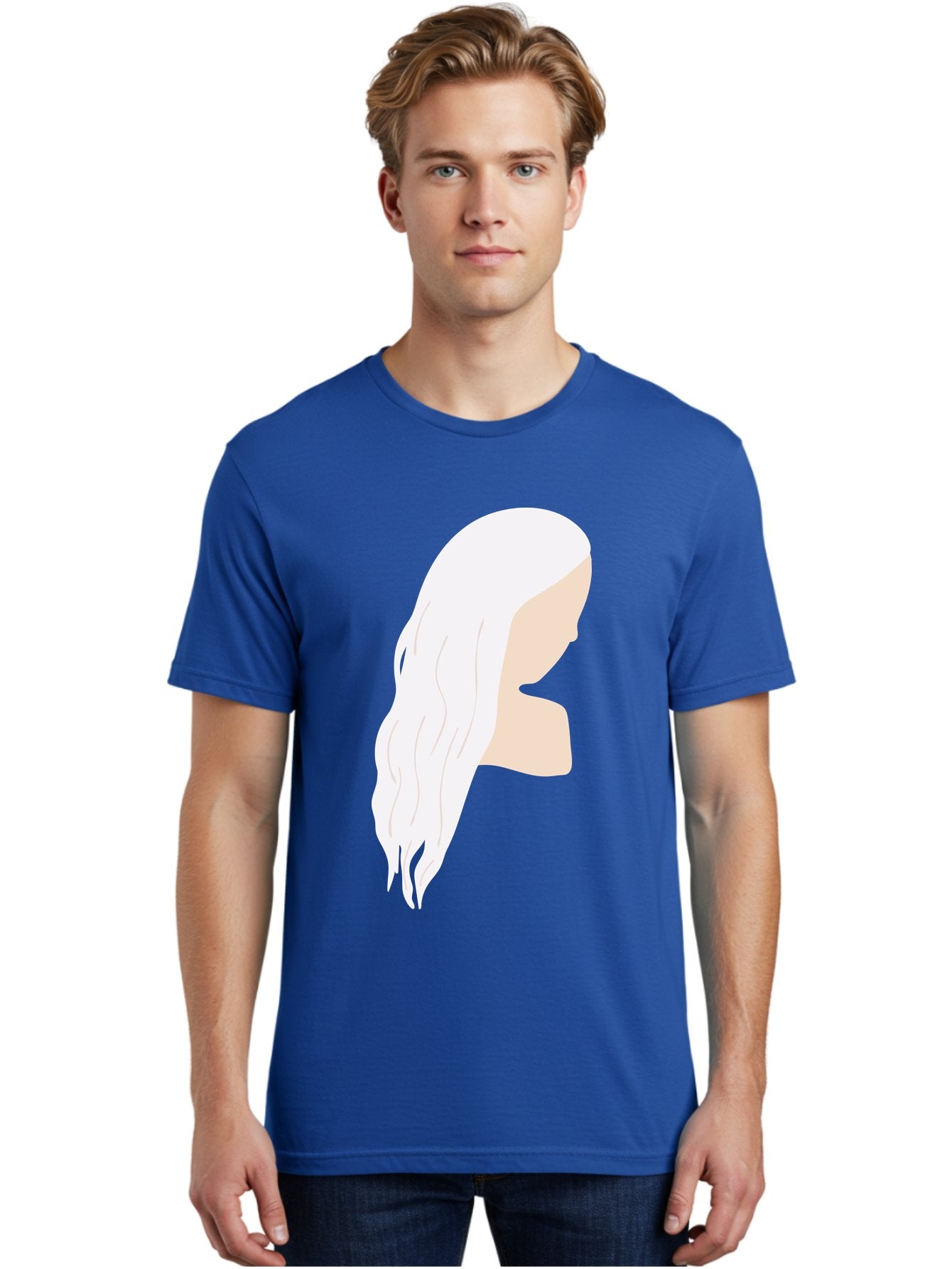 Woman-With-White-Hair Men'S Graphic Tee, 100% Cotton, Comfortable Casual Summer Wear, Machine Washable, Woman With White Hair, Long Hair, Side View, Female Profile, Wavy Hair Texture, Minimalist Design, Simple Illustration, Aae084 25