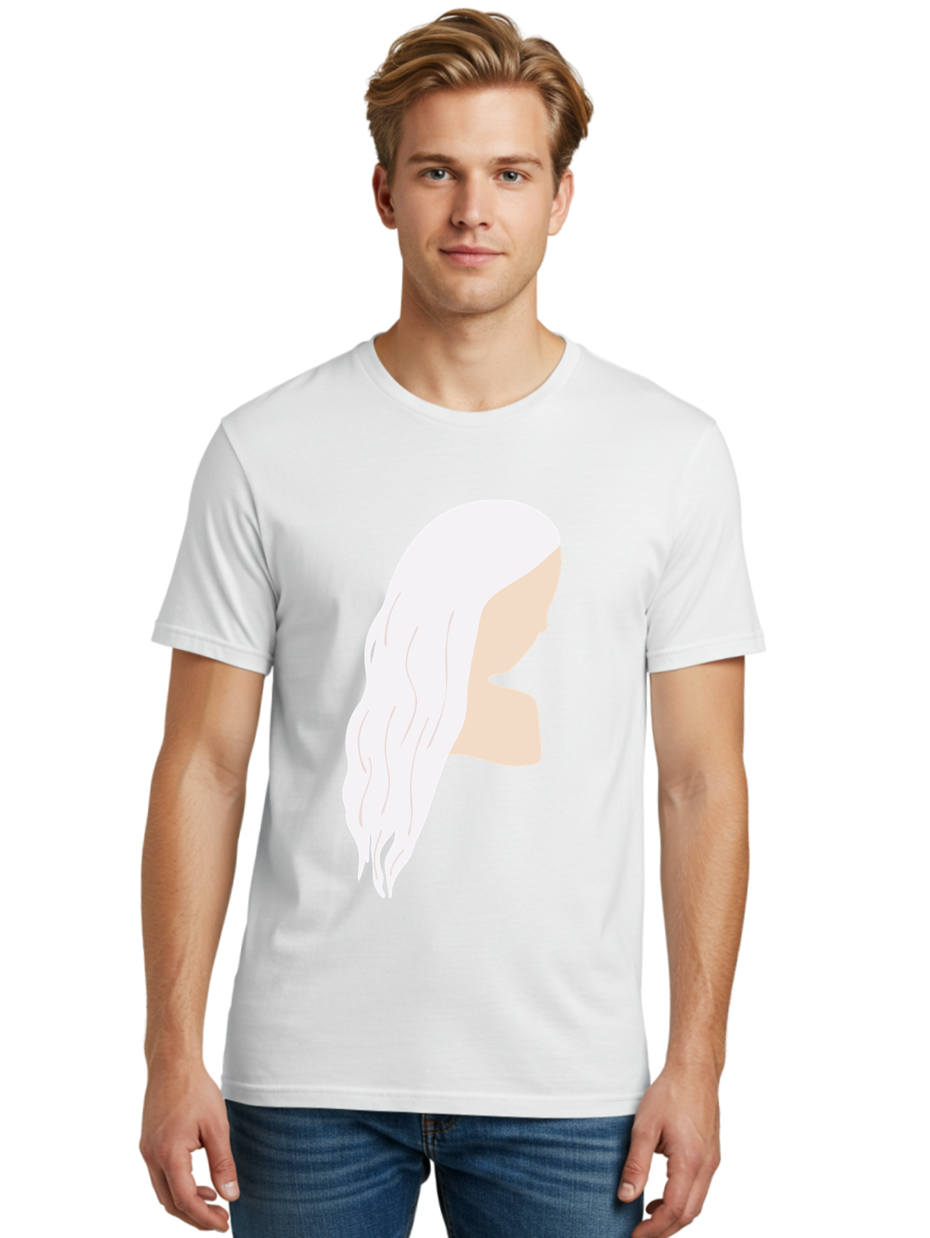 Woman-With-White-Hair Men'S Graphic Tee, 100% Cotton, Comfortable Casual Summer Wear, Machine Washable, Woman With White Hair, Long Hair, Side View, Female Profile, Wavy Hair Texture, Minimalist Design, Simple Illustration, Aae084 14