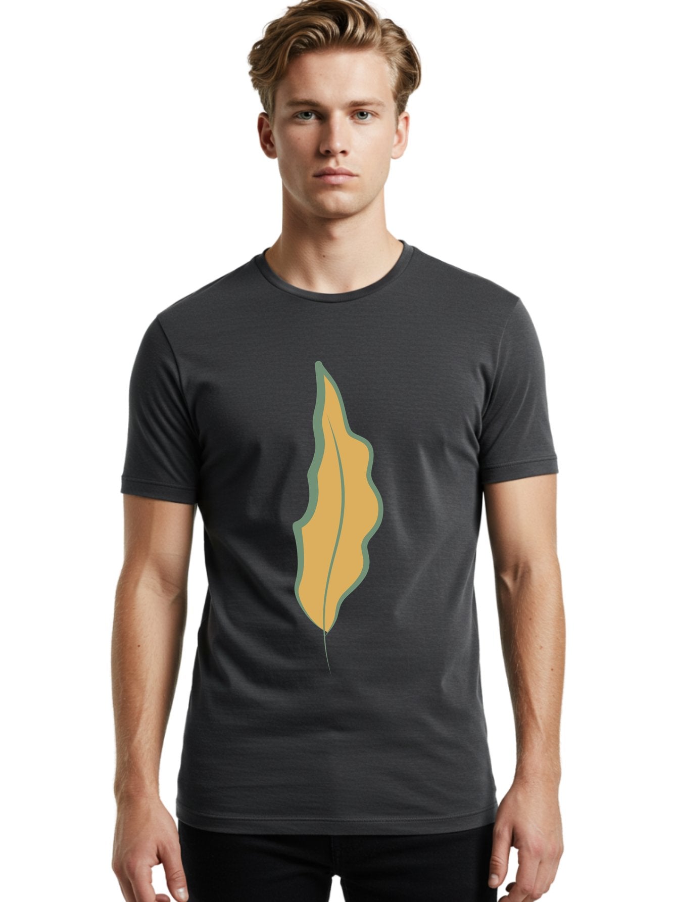 Yellow-Leaf-2 Men'S Graphic Tee, 100% Cotton, Comfortable Casual Summer Wear, Machine Washable, Yellow Leaf, Autumn Leaf, Foliage, Leaf Illustration, Simple Design, Digital Art, Orange Color, Gray Outline Aae086 17