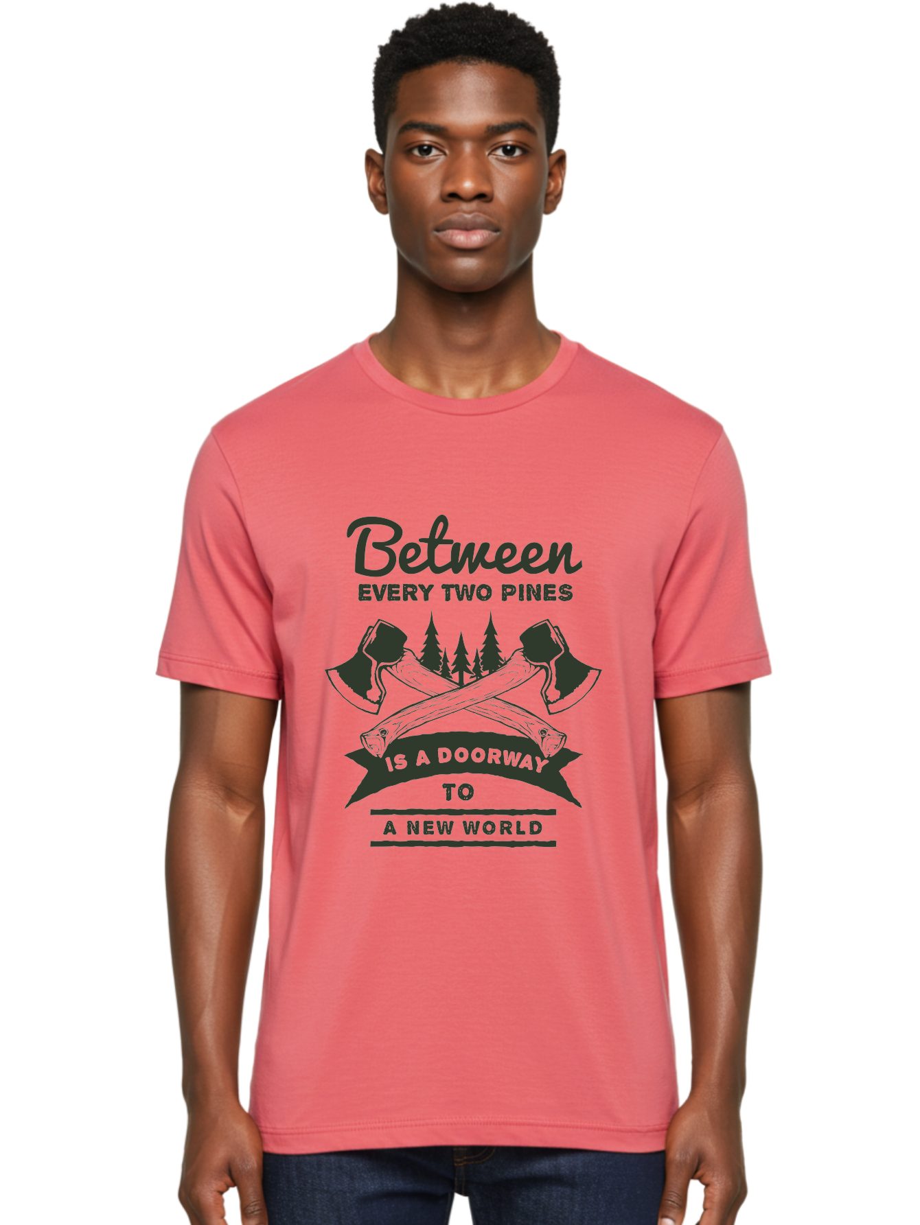 A New World Men'S Graphic Tee, 100% Cotton, Comfortable Casual Summer Wear, Machine Washable, Crossed Axes, Pine Trees, Doorway To A New World, Adventure, Exploration, Wilderness, Outdoors, Travel, Journey, New Beginnings Aae091 4