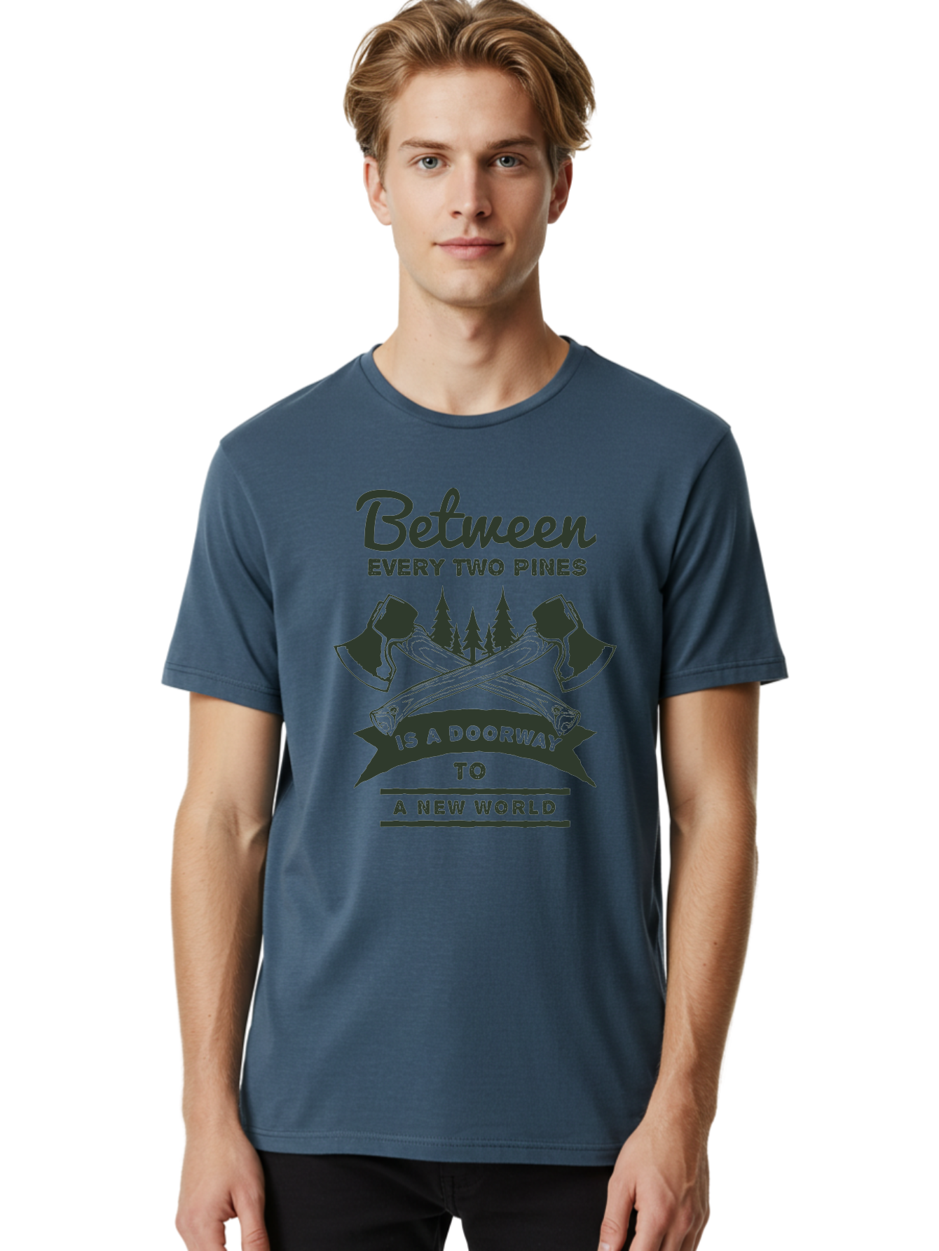 A New World Men'S Graphic Tee, 100% Cotton, Comfortable Casual Summer Wear, Machine Washable, Crossed Axes, Pine Trees, Doorway To A New World, Adventure, Exploration, Wilderness, Outdoors, Travel, Journey, New Beginnings Aae091 18
