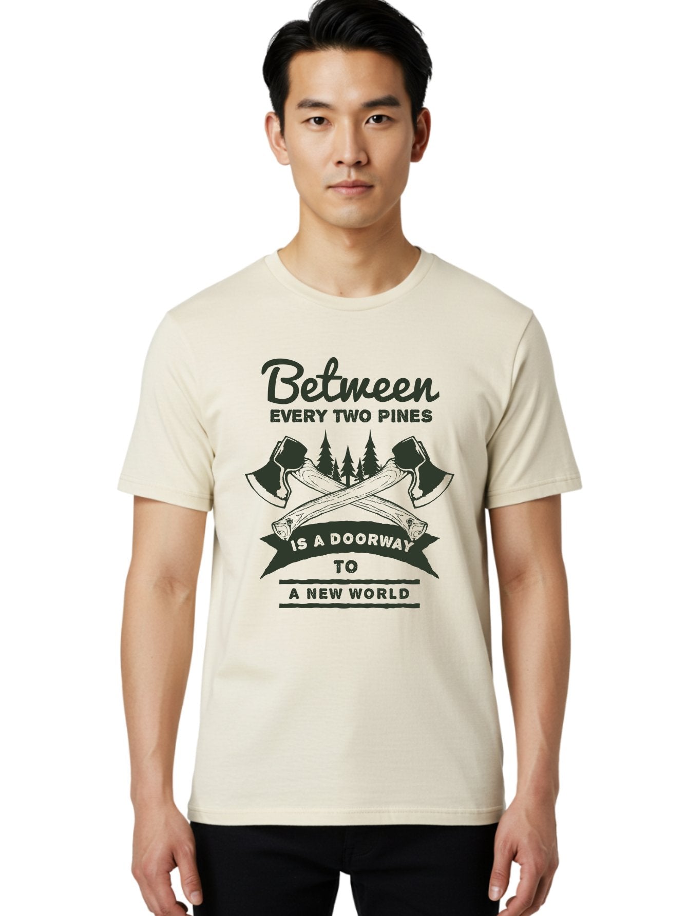 A New World Men'S Graphic Tee, 100% Cotton, Comfortable Casual Summer Wear, Machine Washable, Crossed Axes, Pine Trees, Doorway To A New World, Adventure, Exploration, Wilderness, Outdoors, Travel, Journey, New Beginnings Aae091 24