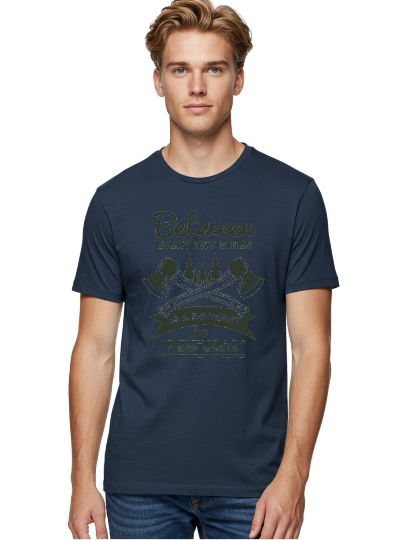 A New World Men'S Graphic Tee, 100% Cotton, Comfortable Casual Summer Wear, Machine Washable, Crossed Axes, Pine Trees, Doorway To A New World, Adventure, Exploration, Wilderness, Outdoors, Travel, Journey, New Beginnings Aae091 6