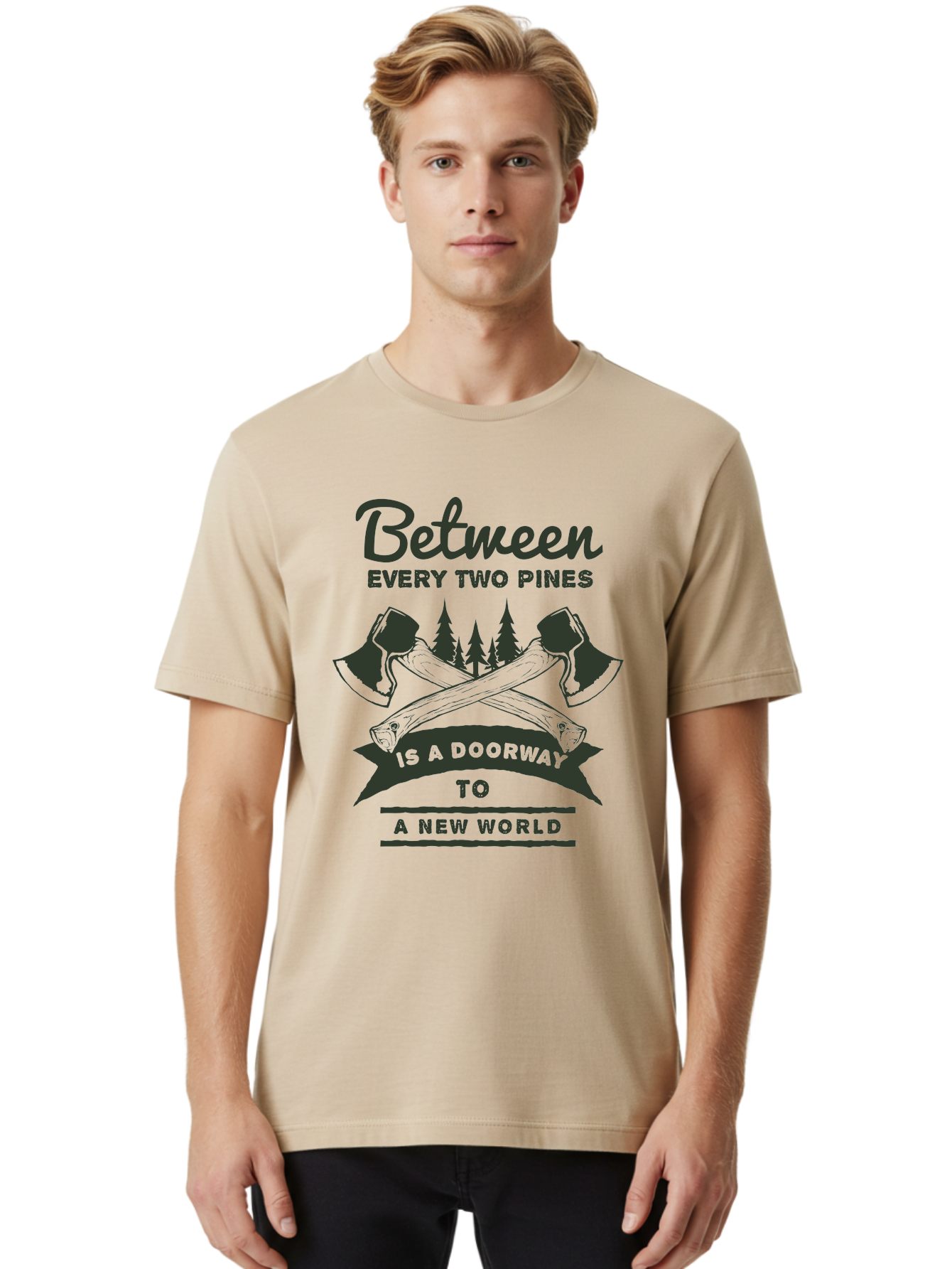 A New World Men'S Graphic Tee, 100% Cotton, Comfortable Casual Summer Wear, Machine Washable, Crossed Axes, Pine Trees, Doorway To A New World, Adventure, Exploration, Wilderness, Outdoors, Travel, Journey, New Beginnings Aae091 24