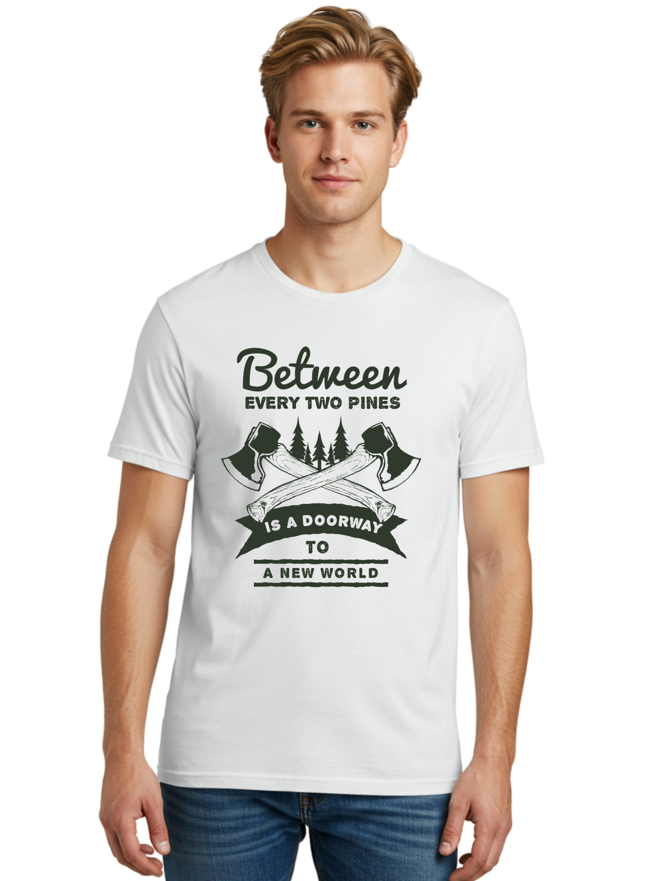 A New World Men'S Graphic Tee, 100% Cotton, Comfortable Casual Summer Wear, Machine Washable, Crossed Axes, Pine Trees, Doorway To A New World, Adventure, Exploration, Wilderness, Outdoors, Travel, Journey, New Beginnings Aae091 22
