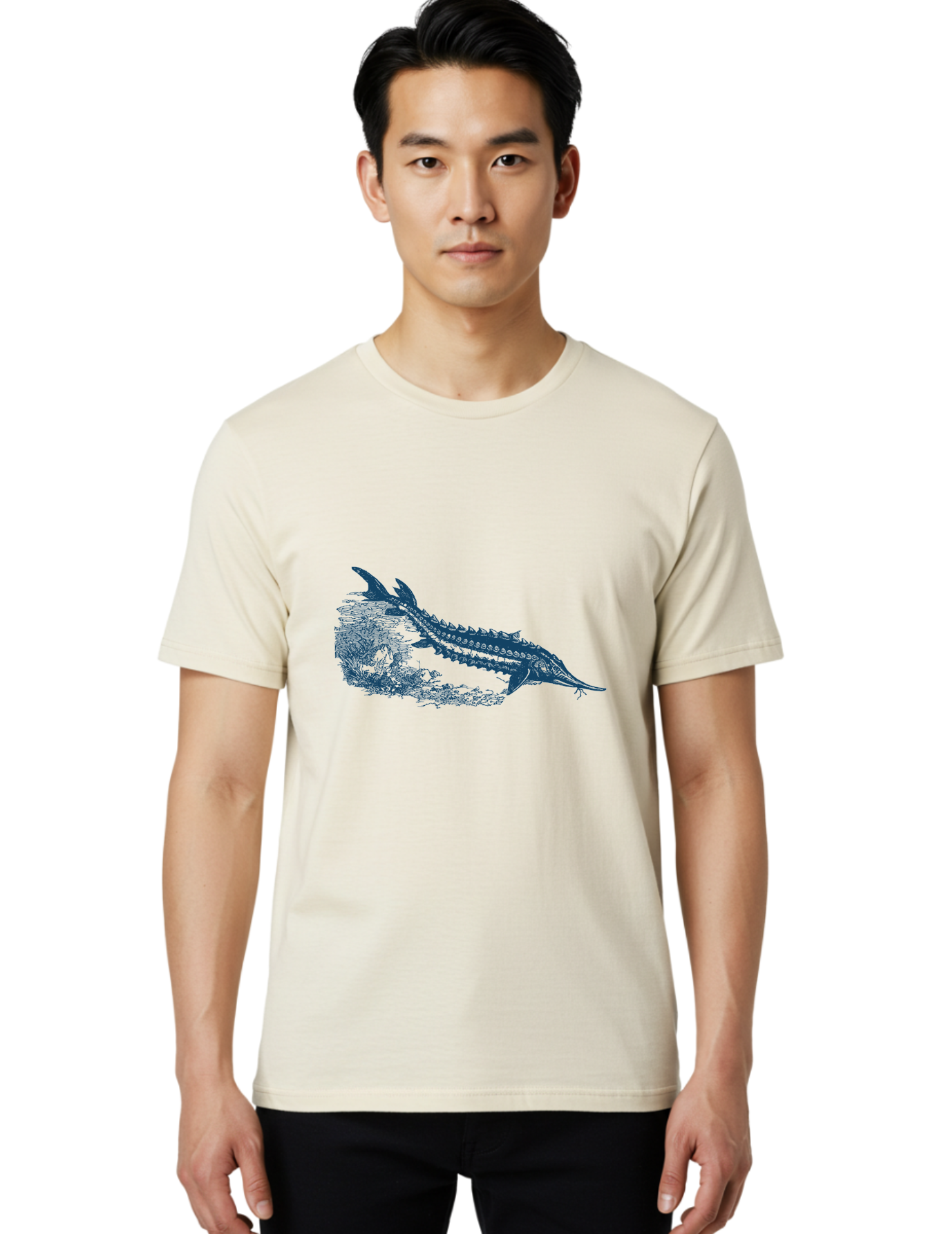 Ancient River Fish Men'S Graphic Tee, 100% Cotton, Comfortable Casual Summer Wear, Machine Washable, Sturgeon Fish, Aquatic Life, Marine Biology, Fish Illustration, Detailed Drawing, Underwater World, Wildlife Art Aae103