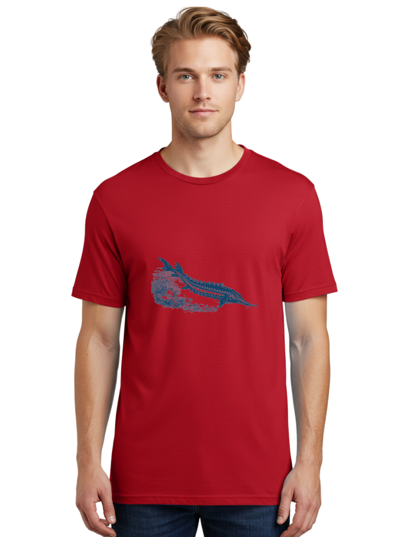 Ancient River Fish Men'S Graphic Tee, 100% Cotton, Comfortable Casual Summer Wear, Machine Washable, Sturgeon Fish, Aquatic Life, Marine Biology, Fish Illustration, Detailed Drawing, Underwater World, Wildlife Art Aae103 24