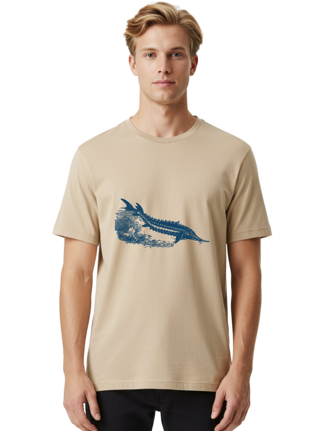 Ancient River Fish Men'S Graphic Tee, 100% Cotton, Comfortable Casual Summer Wear, Machine Washable, Sturgeon Fish, Aquatic Life, Marine Biology, Fish Illustration, Detailed Drawing, Underwater World, Wildlife Art Aae103 27