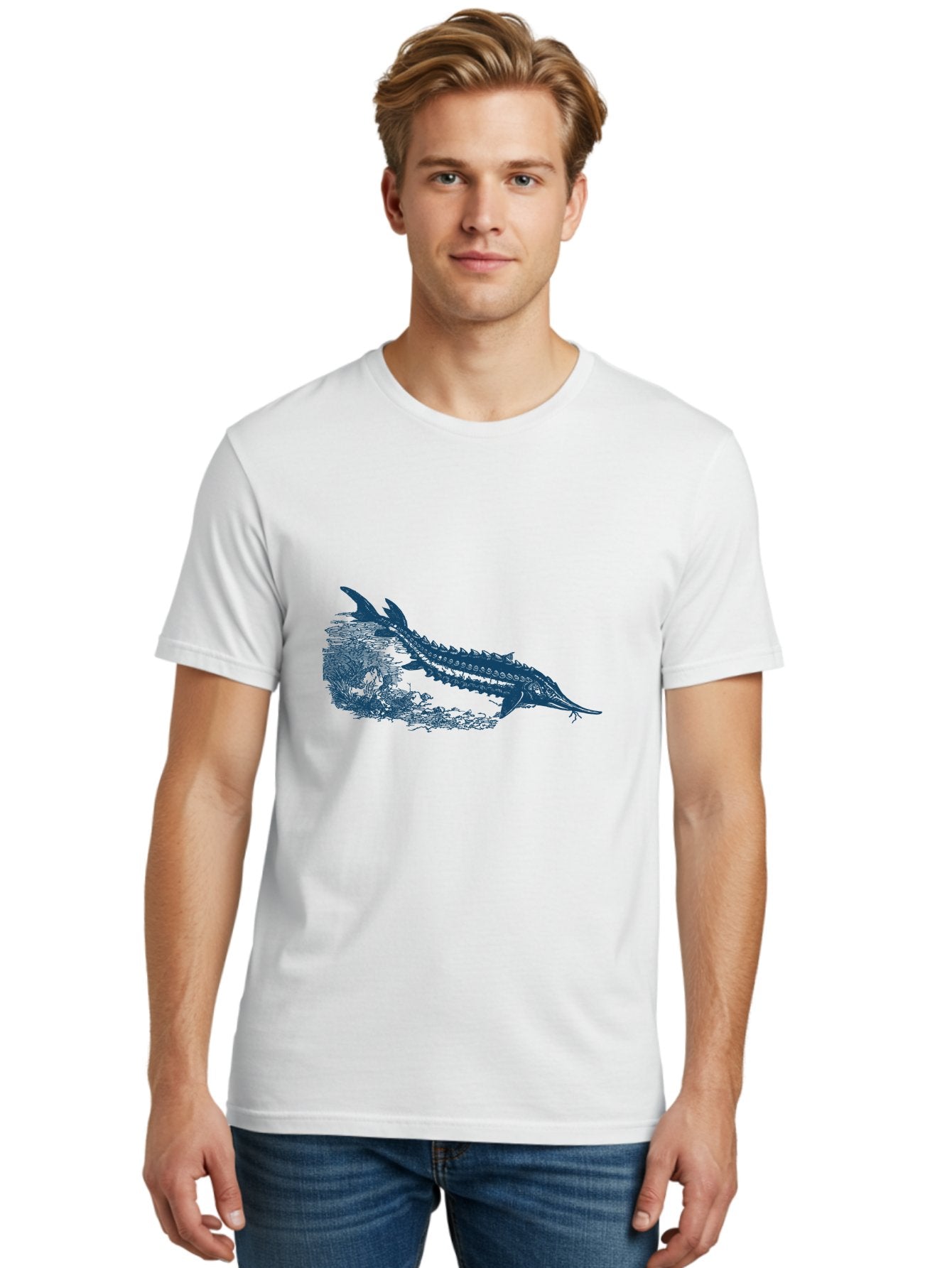 Ancient River Fish Men'S Graphic Tee, 100% Cotton, Comfortable Casual Summer Wear, Machine Washable, Sturgeon Fish, Aquatic Life, Marine Biology, Fish Illustration, Detailed Drawing, Underwater World, Wildlife Art Aae103 25