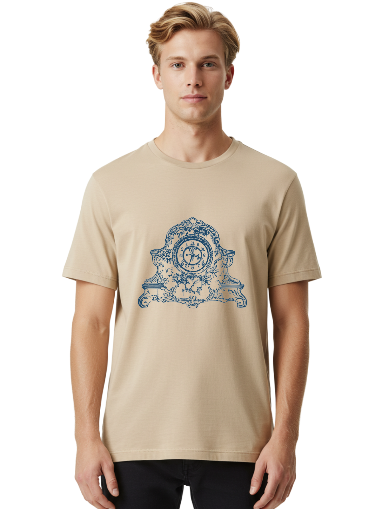 Antique Floral Clock Men'S Graphic Tee, 100% Cotton, Comfortable Casual Summer Wear, Machine Washable, Antique Clock Face, Roman Numerals, Ornate Details, Floral Patterns, Vintage Design, Classic Elegance, Timepiece, Traditional Decor, Aae108 4