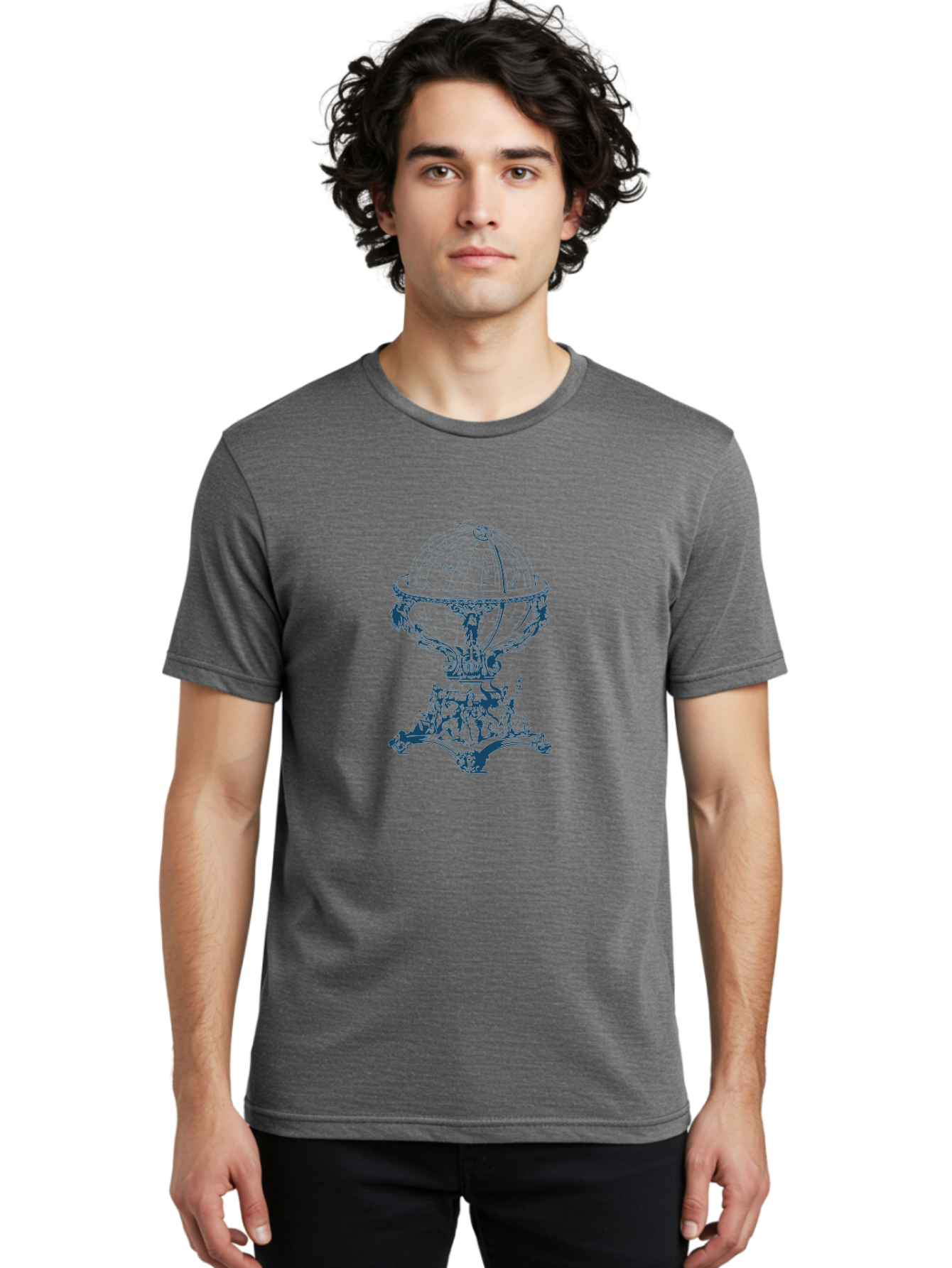 Baroque Earth Sphere Men'S Graphic Tee, 100% Cotton, Comfortable Casual Summer Wear, Machine Washable, Vintage Globe, Antique Cartography, Ornate Stand, Geographical Map, Classical Design, Intricate Details, Historical Illustration, Aae125 10