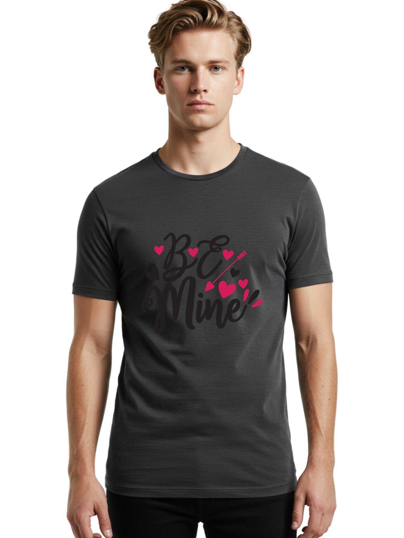 Be Mine Men'S Graphic Tee, 100% Cotton, Comfortable Casual Summer Wear, Machine Washable, Valentines Day, Love Lettering, Heart Symbols, Be Mine Phrase, Romantic Theme, Love Hearts, Arrow Through Heart, Cursive Script Aae130 19