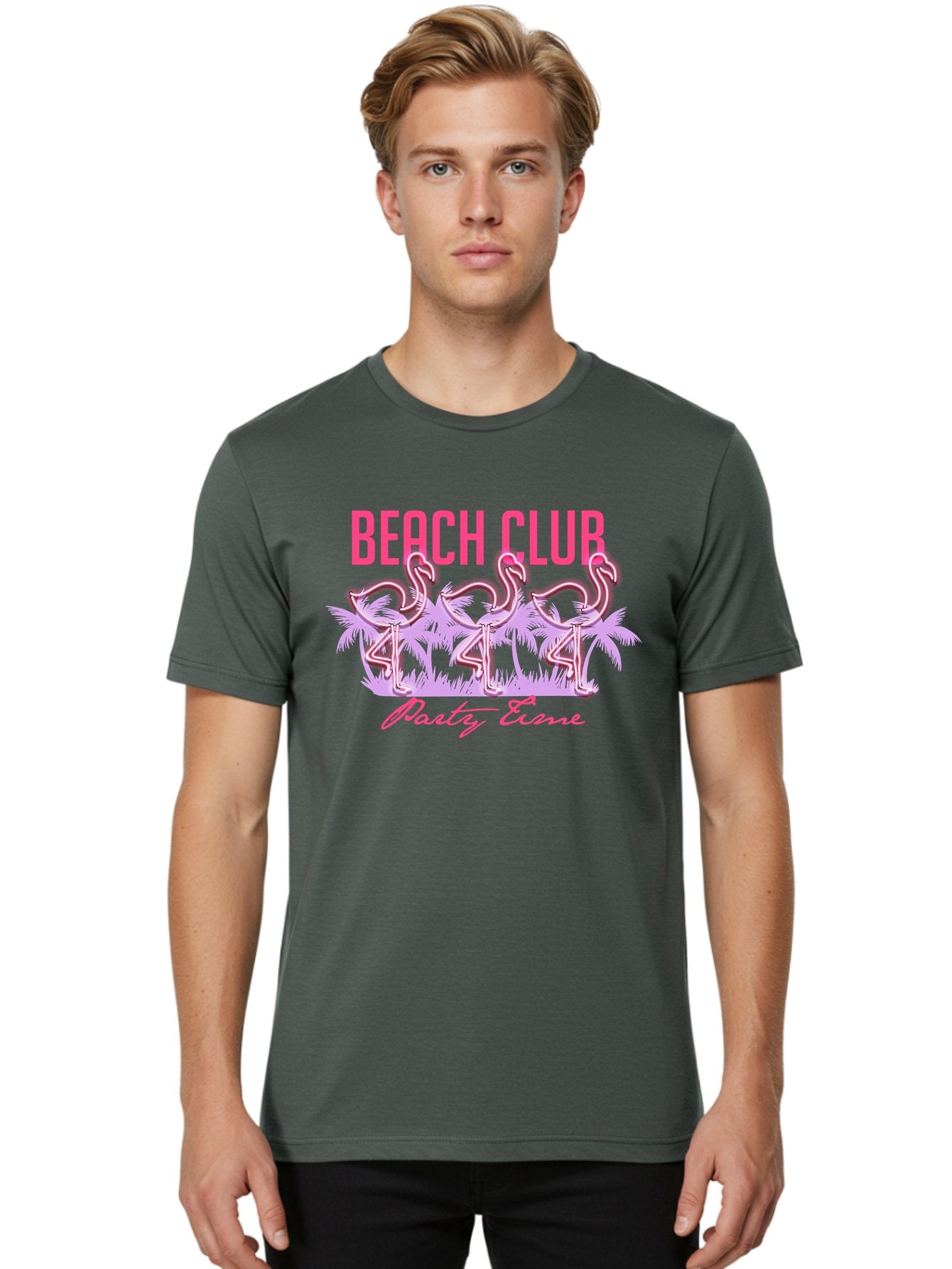 Beach Club Men'S Graphic Tee, 100% Cotton, Comfortable Casual Summer Wear, Machine Washable, Beach Club, Flamingo Design, Tropical Vibes, Neon Pink, Stylish Graphics, Luxury Lifestyle, Party Trends Aae132 30