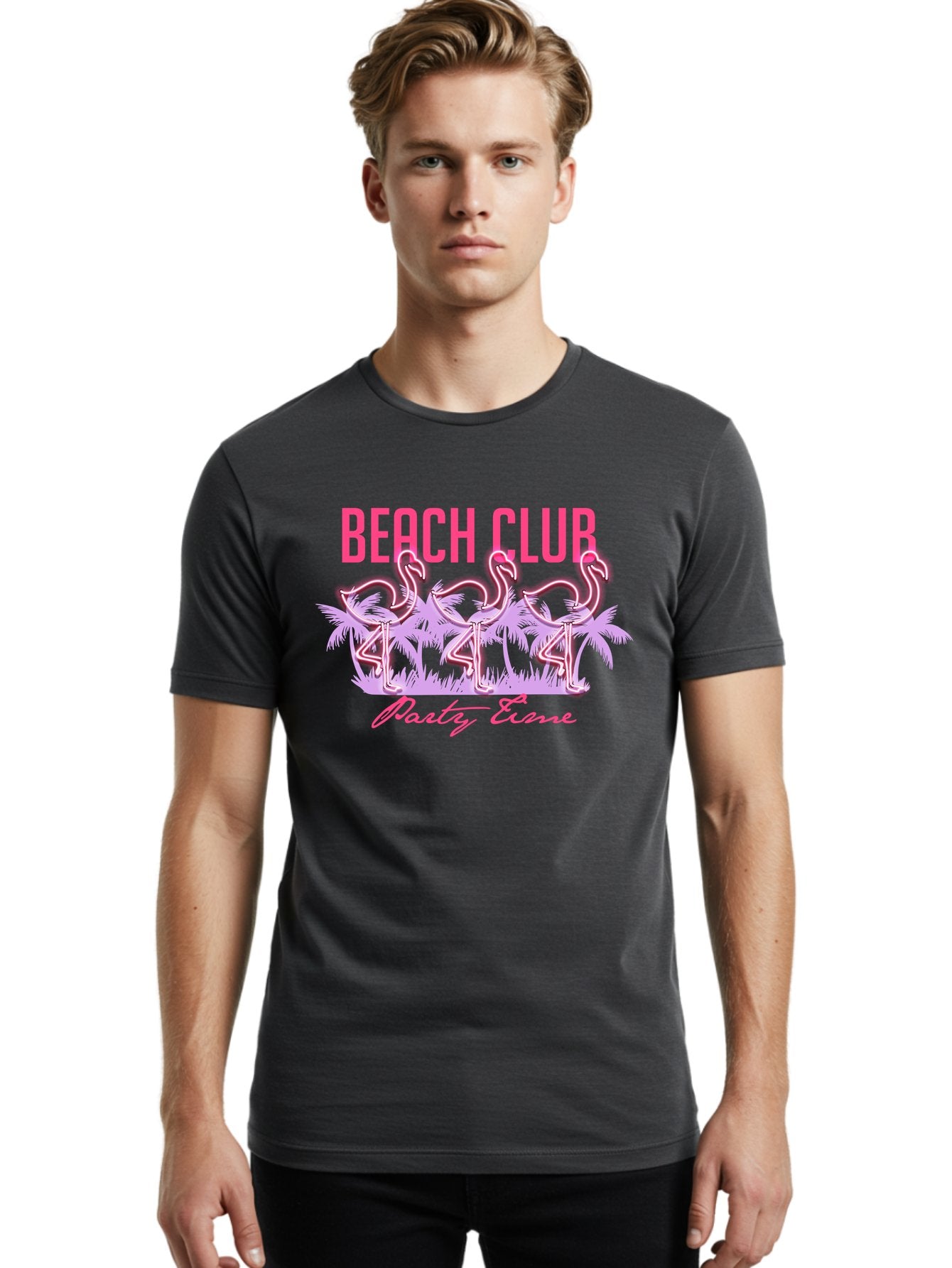 Beach Club Men'S Graphic Tee, 100% Cotton, Comfortable Casual Summer Wear, Machine Washable, Beach Club, Flamingo Design, Tropical Vibes, Neon Pink, Stylish Graphics, Luxury Lifestyle, Party Trends Aae132 24
