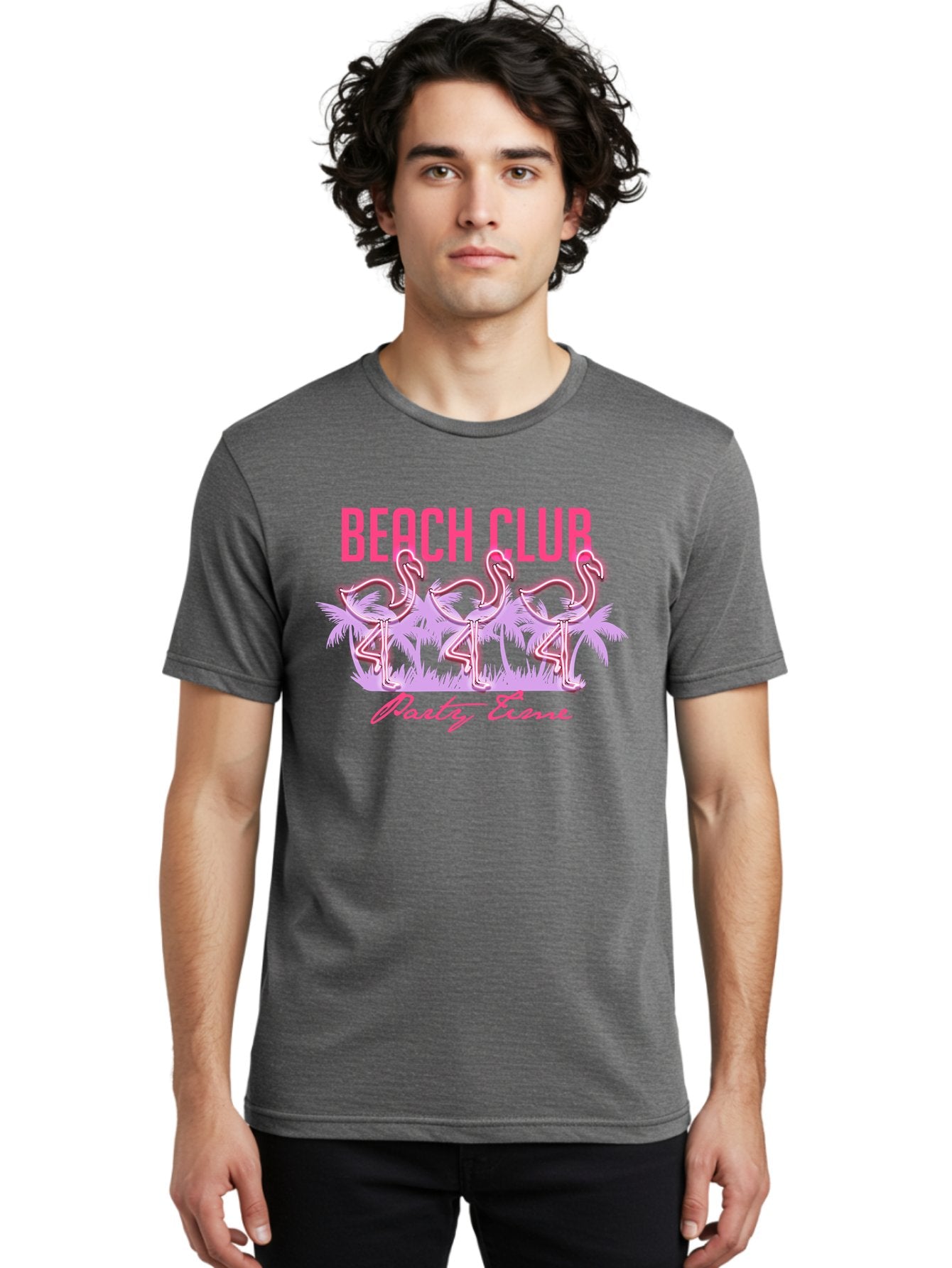 Beach Club Men'S Graphic Tee, 100% Cotton, Comfortable Casual Summer Wear, Machine Washable, Beach Club, Flamingo Design, Tropical Vibes, Neon Pink, Stylish Graphics, Luxury Lifestyle, Party Trends Aae132 23