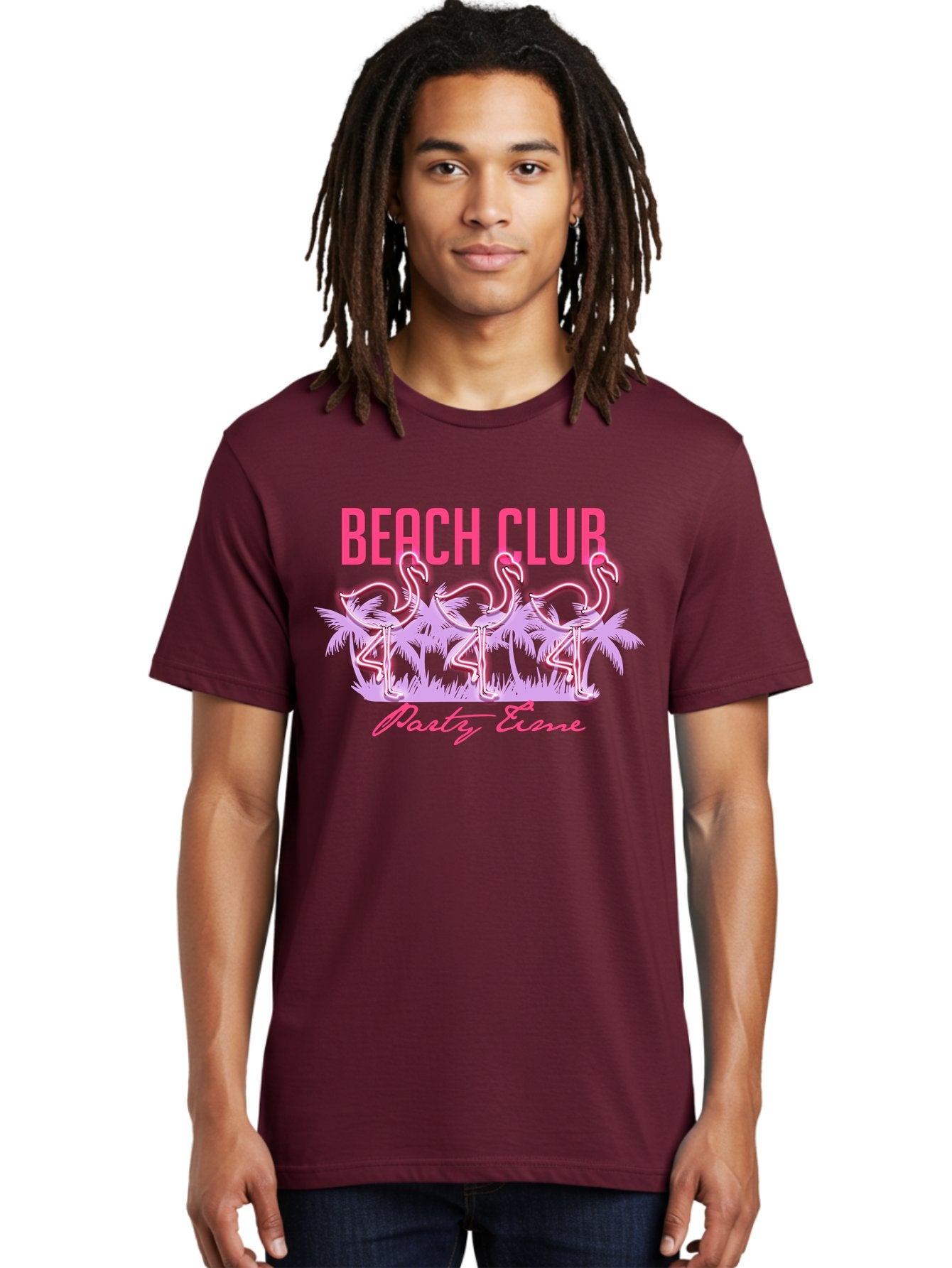 Beach Club Men'S Graphic Tee, 100% Cotton, Comfortable Casual Summer Wear, Machine Washable, Beach Club, Flamingo Design, Tropical Vibes, Neon Pink, Stylish Graphics, Luxury Lifestyle, Party Trends Aae132 25