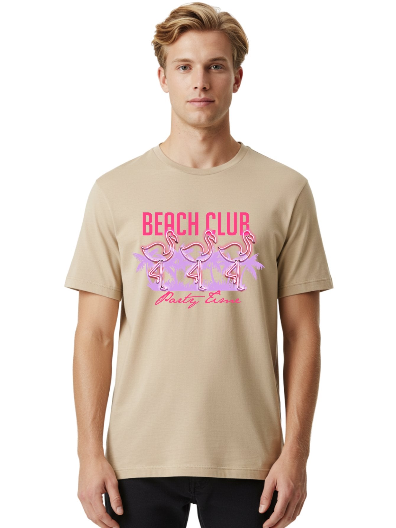 Beach Club Men'S Graphic Tee, 100% Cotton, Comfortable Casual Summer Wear, Machine Washable, Beach Club, Flamingo Design, Tropical Vibes, Neon Pink, Stylish Graphics, Luxury Lifestyle, Party Trends Aae132 18