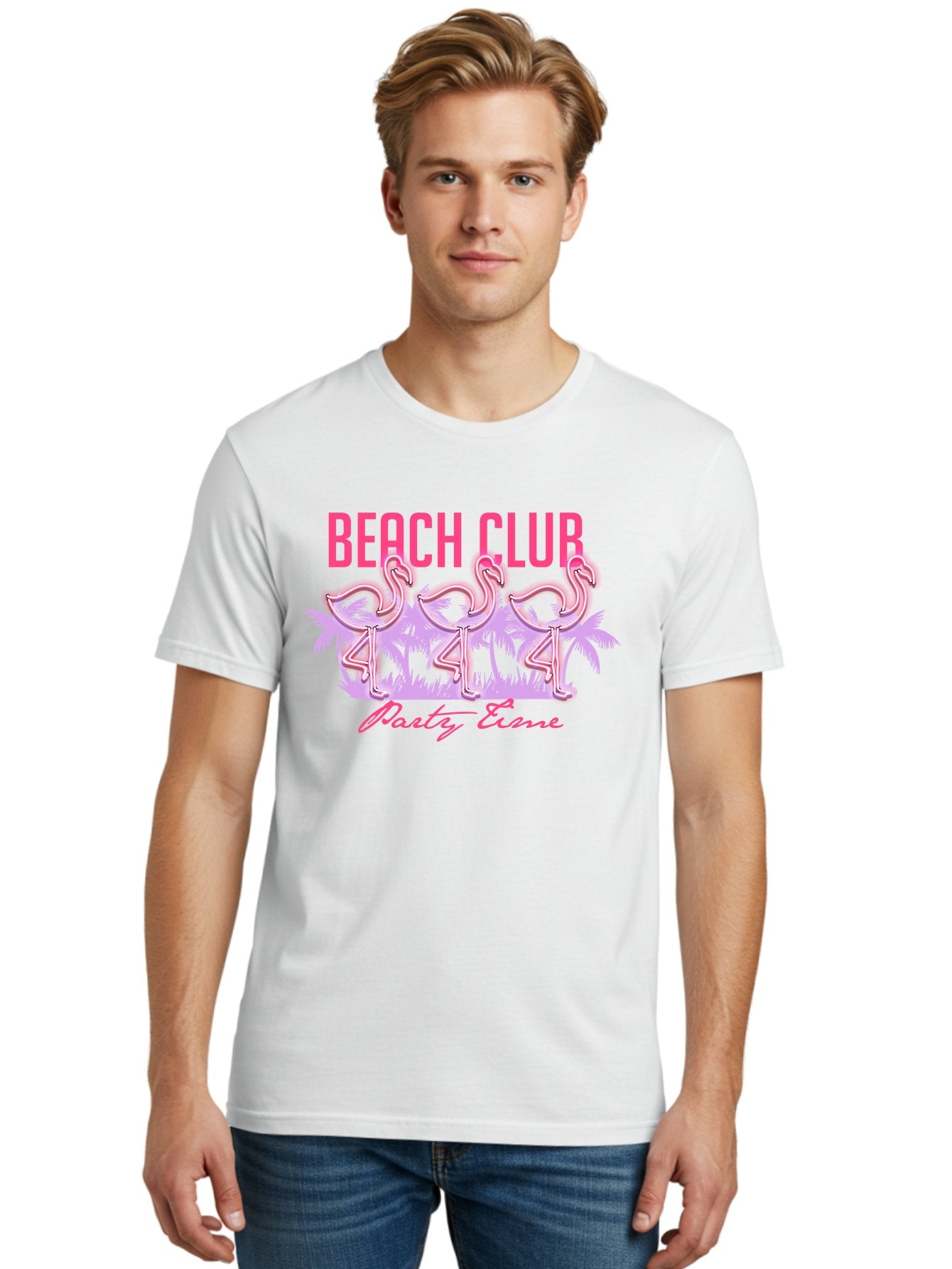 Beach Club Men'S Graphic Tee, 100% Cotton, Comfortable Casual Summer Wear, Machine Washable, Beach Club, Flamingo Design, Tropical Vibes, Neon Pink, Stylish Graphics, Luxury Lifestyle, Party Trends Aae132 19