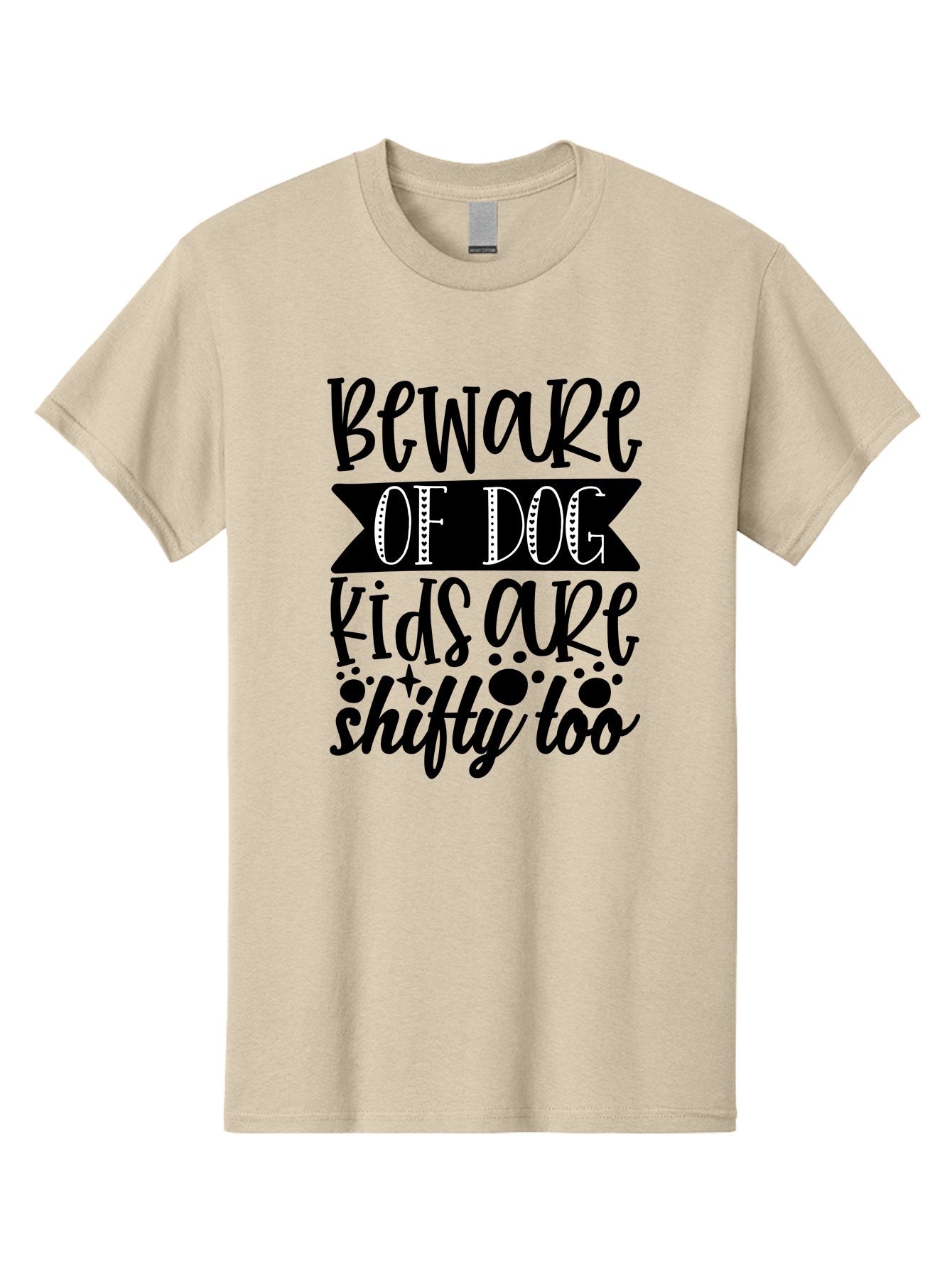 Beware Of Dog Kids Are Shifty Too Men'S Graphic Tee, 100% Cotton, Comfortable Casual Summer Wear, Machine Washable, Funny Warning Sign, Humorous Quote, Paw Print Design, Quirky Phrase, Dog Owners, Playful Message, Sarcastic Humor, Aae137 12