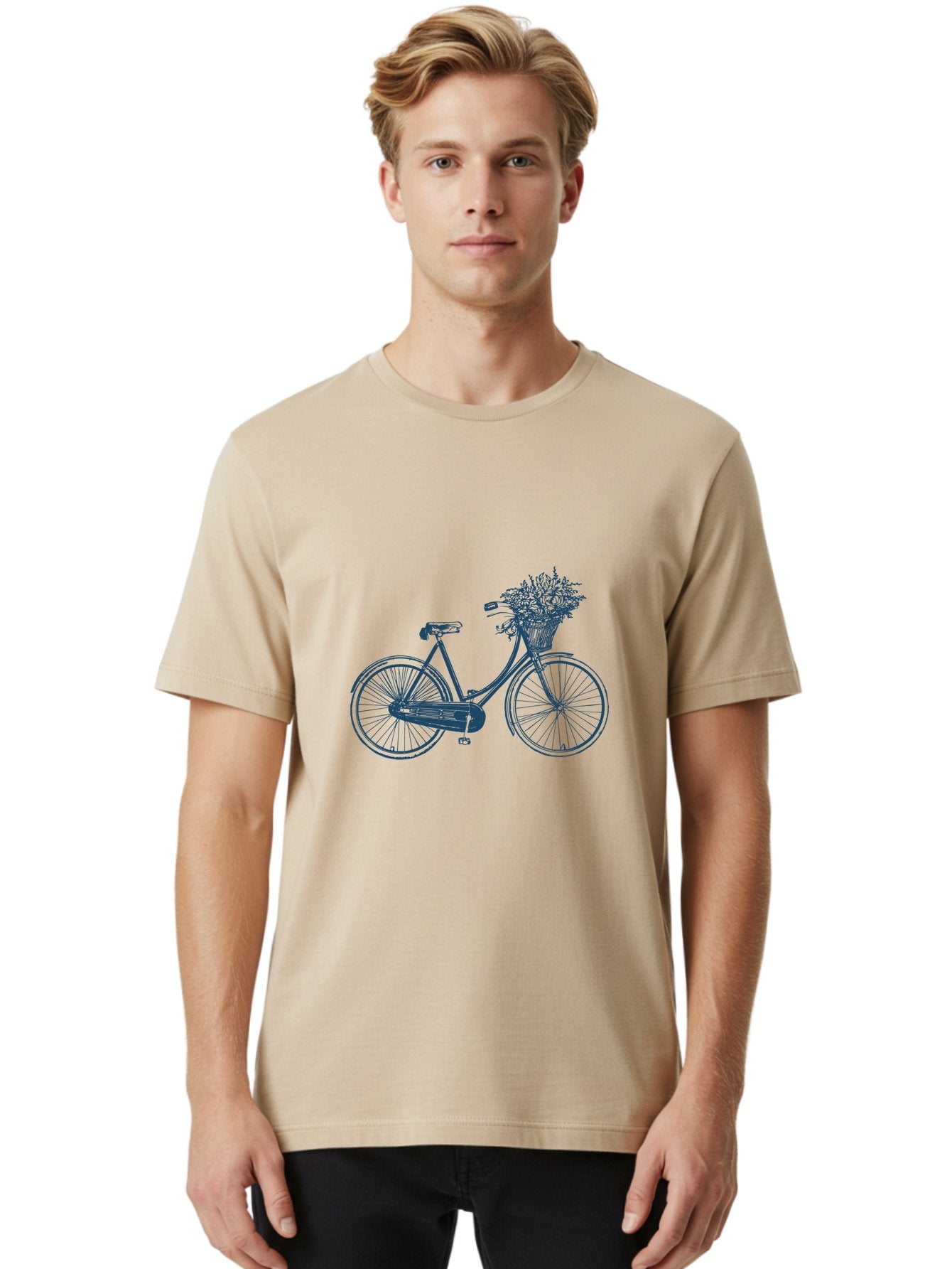 Bike-With-Flowers Men'S Graphic Tee, 100% Cotton, Comfortable Casual Summer Wear, Machine Washable, Vintage Bicycle, Floral Basket, Eco-Friendly Transportation, Sustainable Living, Outdoorsy Feel, Leisurely Ride, Cycling Culture, Aae139 30