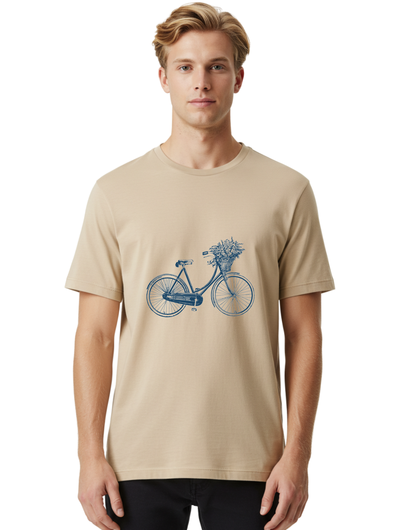 Bike-With-Flowers Men'S Graphic Tee, 100% Cotton, Comfortable Casual Summer Wear, Machine Washable, Vintage Bicycle, Floral Basket, Eco-Friendly Transportation, Sustainable Living, Outdoorsy Feel, Leisurely Ride, Cycling Culture, Aae139