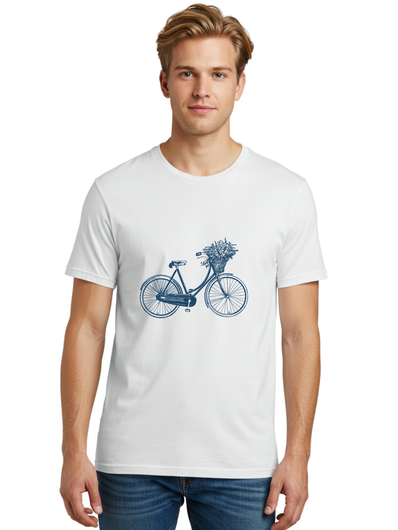 Bike-With-Flowers Men'S Graphic Tee, 100% Cotton, Comfortable Casual Summer Wear, Machine Washable, Vintage Bicycle, Floral Basket, Eco-Friendly Transportation, Sustainable Living, Outdoorsy Feel, Leisurely Ride, Cycling Culture, Aae139 19