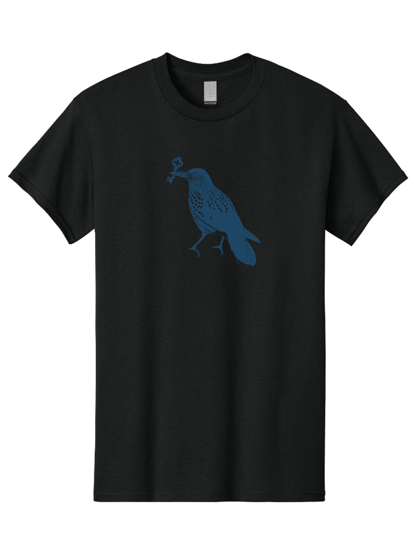 Bird-With-Key Men'S Graphic Tee, 100% Cotton, Comfortable Casual Summer Wear, Machine Washable, Bird Holding Key, Symbolic Illustration, Mysterious Artwork, Dark Blue Silhouette, Unique Key Design, Ornate Key Details, Aae143 8