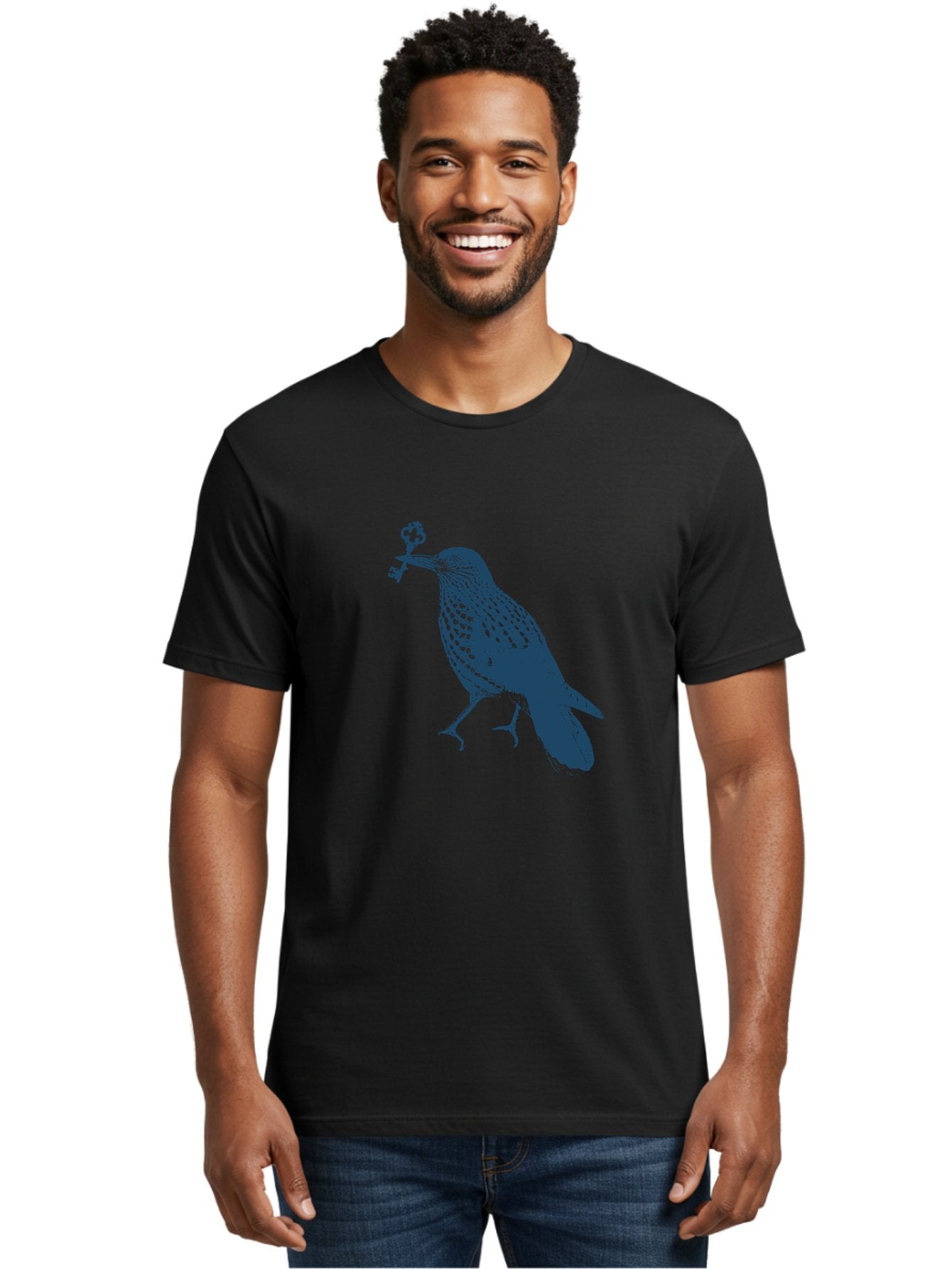 Bird-With-Key Men'S Graphic Tee, 100% Cotton, Comfortable Casual Summer Wear, Machine Washable, Bird Holding Key, Symbolic Illustration, Mysterious Artwork, Dark Blue Silhouette, Unique Key Design, Ornate Key Details, Aae143 25
