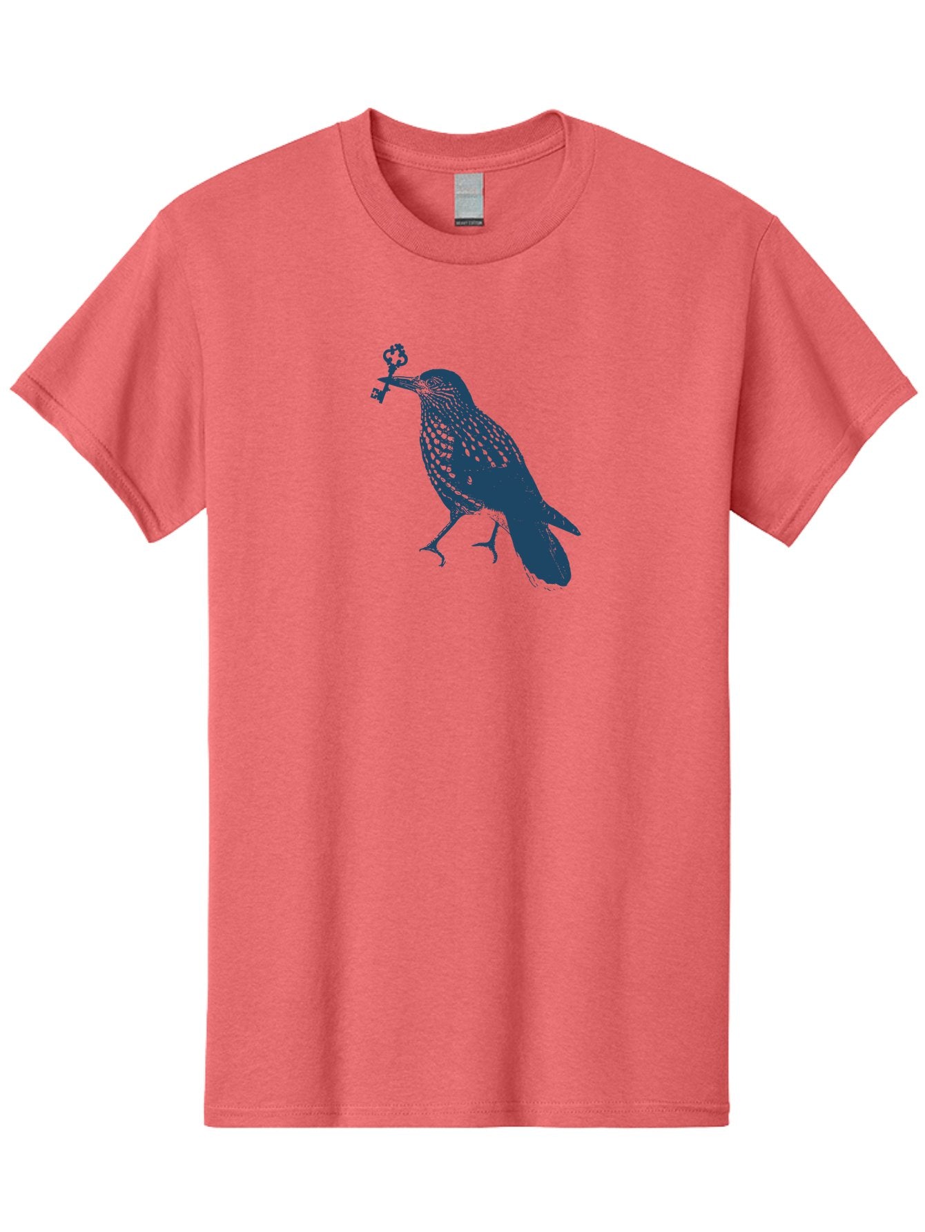 Bird-With-Key Men'S Graphic Tee, 100% Cotton, Comfortable Casual Summer Wear, Machine Washable, Bird Holding Key, Symbolic Illustration, Mysterious Artwork, Dark Blue Silhouette, Unique Key Design, Ornate Key Details, Aae143 6