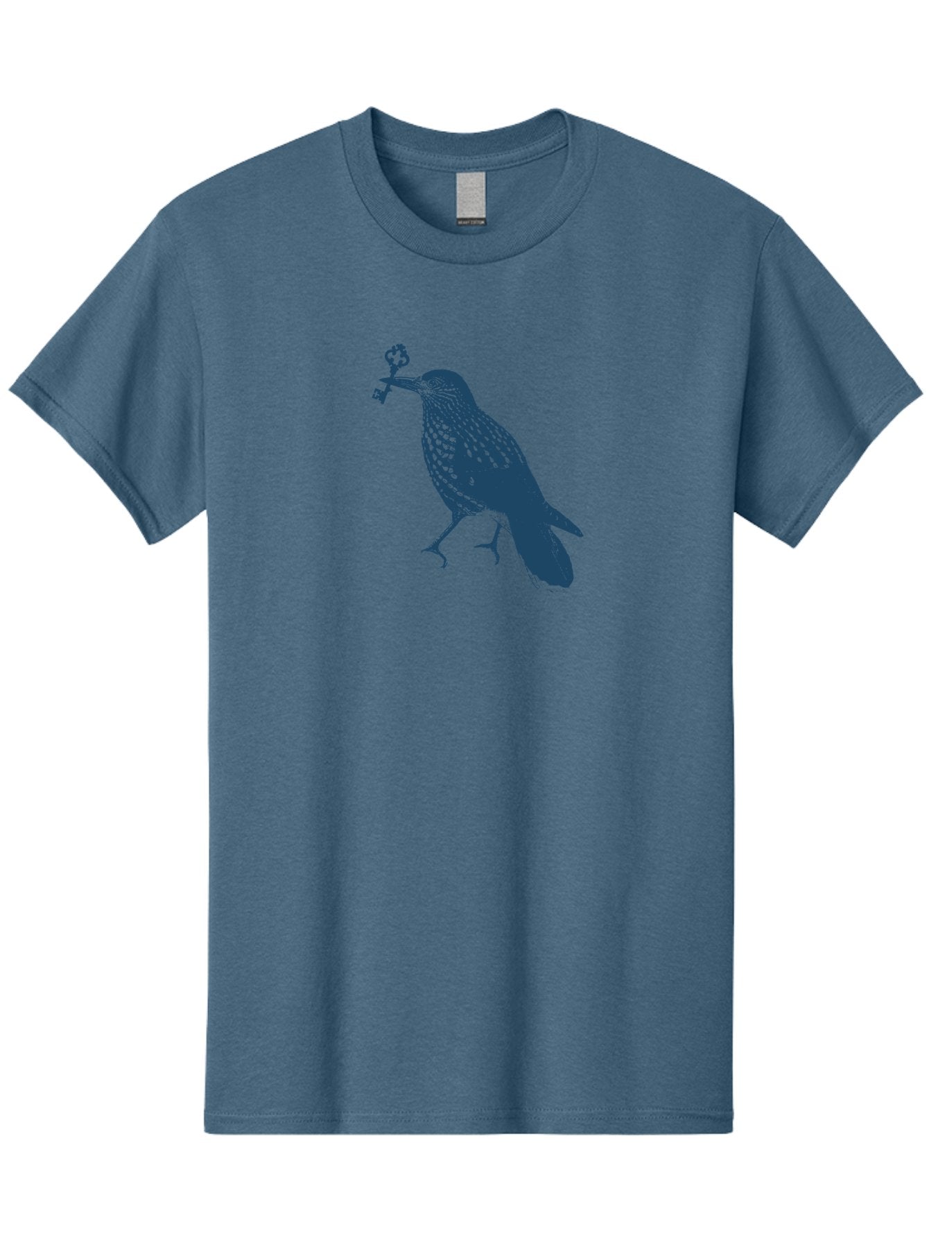 Bird-With-Key Men'S Graphic Tee, 100% Cotton, Comfortable Casual Summer Wear, Machine Washable, Bird Holding Key, Symbolic Illustration, Mysterious Artwork, Dark Blue Silhouette, Unique Key Design, Ornate Key Details, Aae143 4