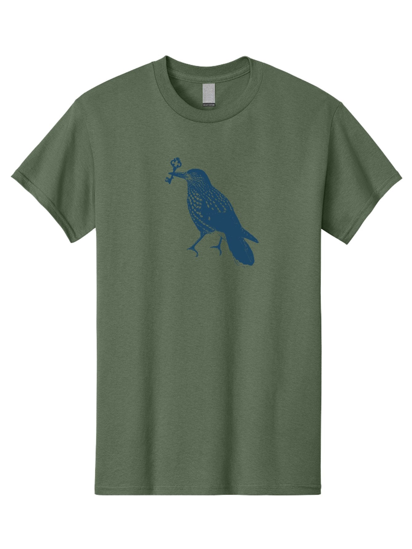 Bird-With-Key Men'S Graphic Tee, 100% Cotton, Comfortable Casual Summer Wear, Machine Washable, Bird Holding Key, Symbolic Illustration, Mysterious Artwork, Dark Blue Silhouette, Unique Key Design, Ornate Key Details, Aae143 11