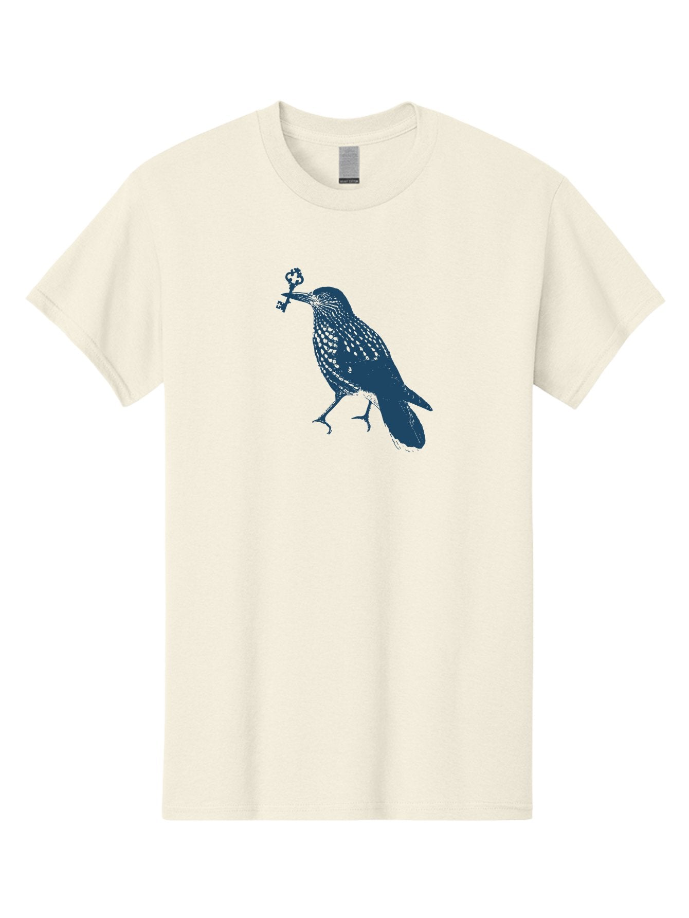 Bird-With-Key Men'S Graphic Tee, 100% Cotton, Comfortable Casual Summer Wear, Machine Washable, Bird Holding Key, Symbolic Illustration, Mysterious Artwork, Dark Blue Silhouette, Unique Key Design, Ornate Key Details, Aae143 5